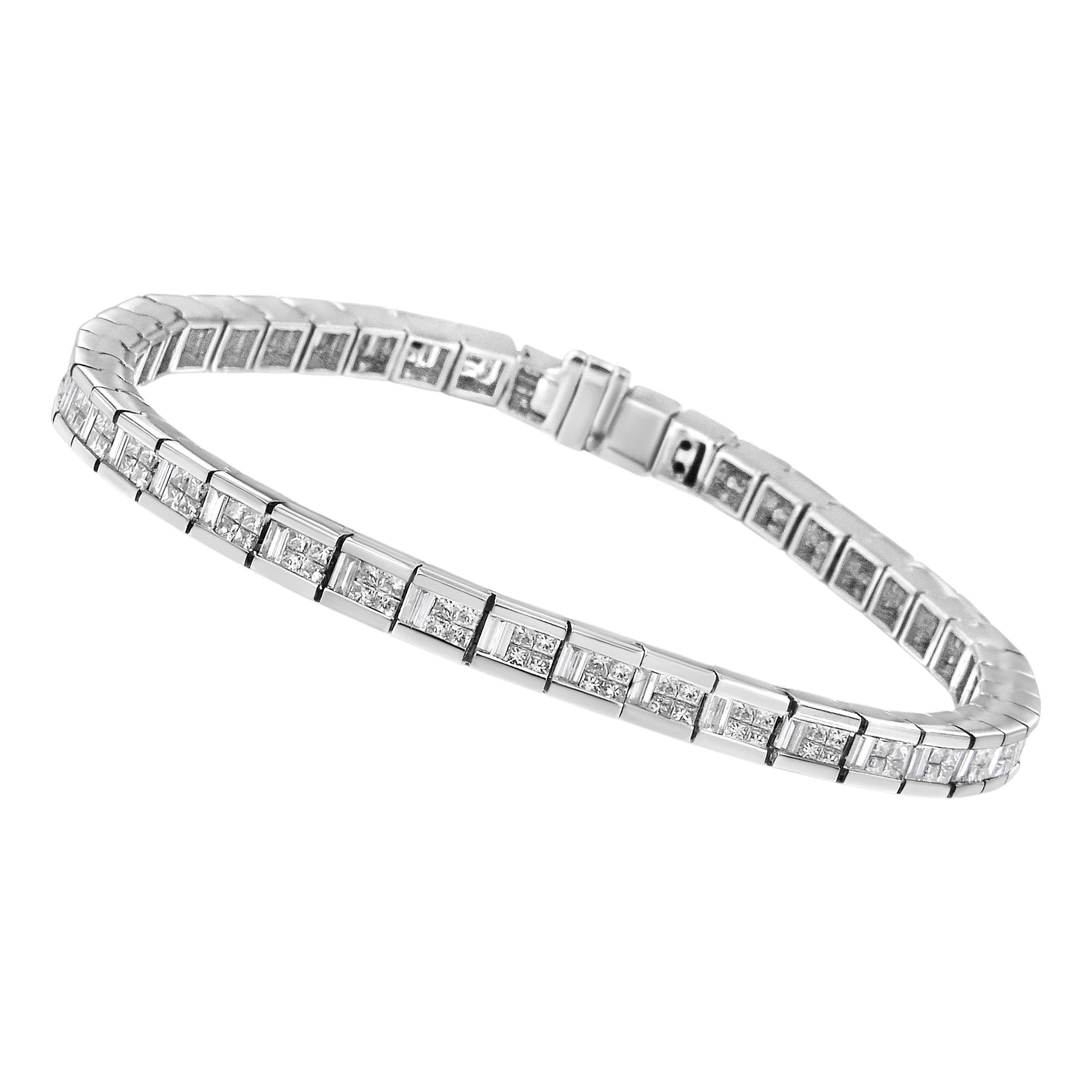 14K White Gold 4 3/8 Cttw Princess and Baguette Diamond Tennis Bracelet