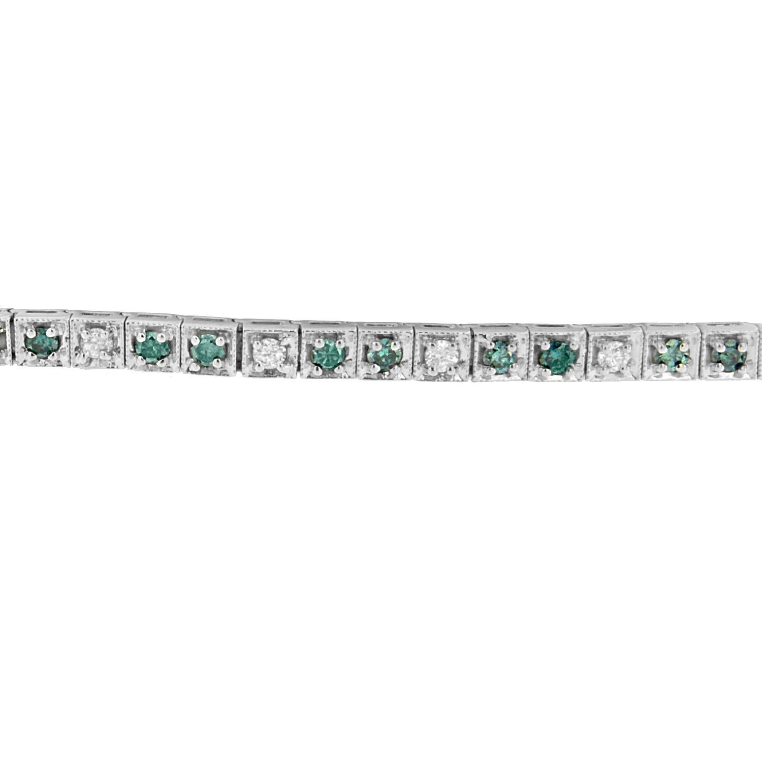 Contemporary 14K White Gold 4 ¾ Carat White and Treated Blue Diamond Tennis Bracelet For Sale