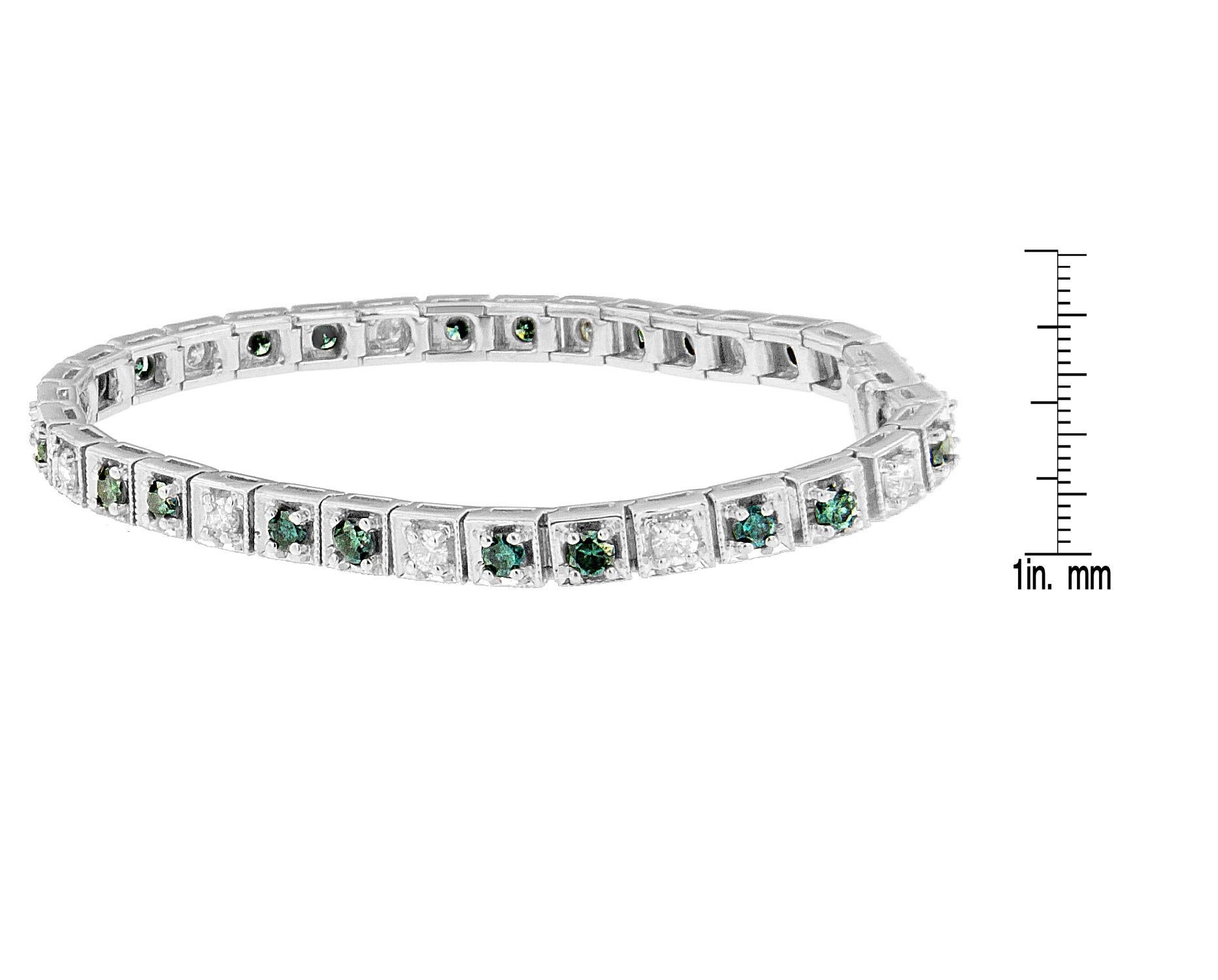 Round Cut 14K White Gold 4 ¾ Carat White and Treated Blue Diamond Tennis Bracelet For Sale