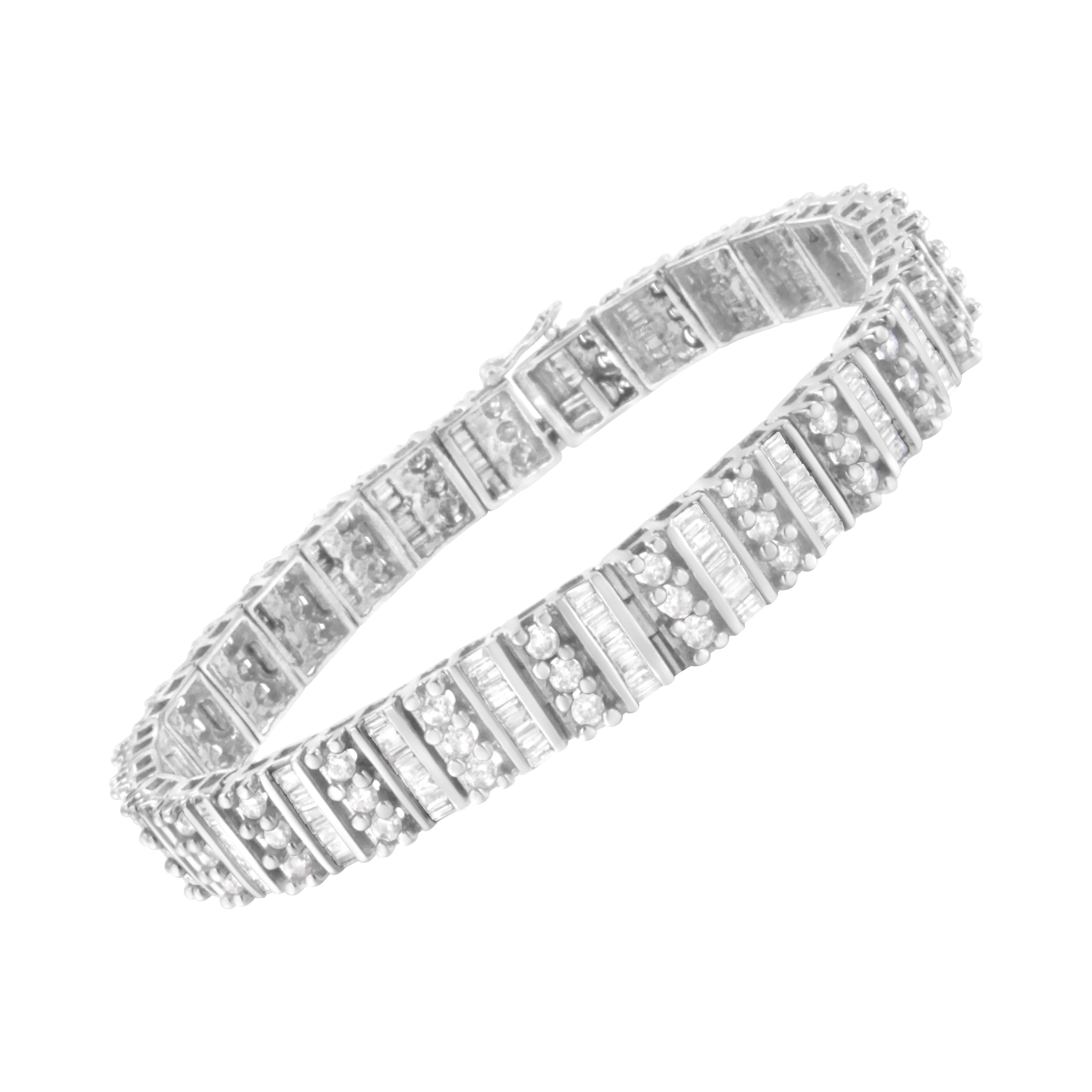 Embellish your wrist with this striking 14k white gold bracelet. 4 7/8ct TDW of dazzling diamonds are displayed in this design. Each of the links in the bracelet features two vertical rows of diamonds. A prong set round cut diamond row sits besides