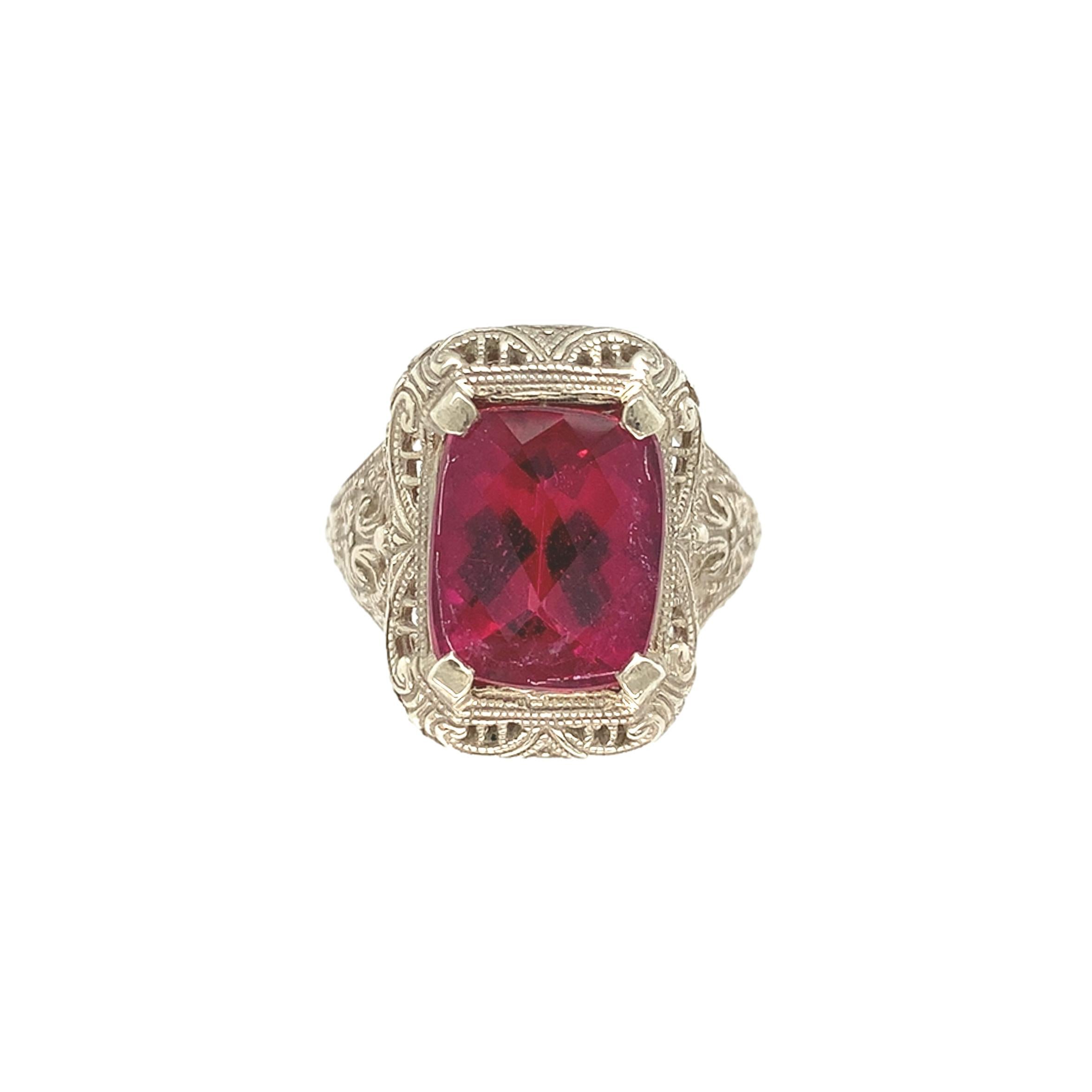 14K White Gold 4 carat Rubellite Filigree Ring size 7.25 For Sale