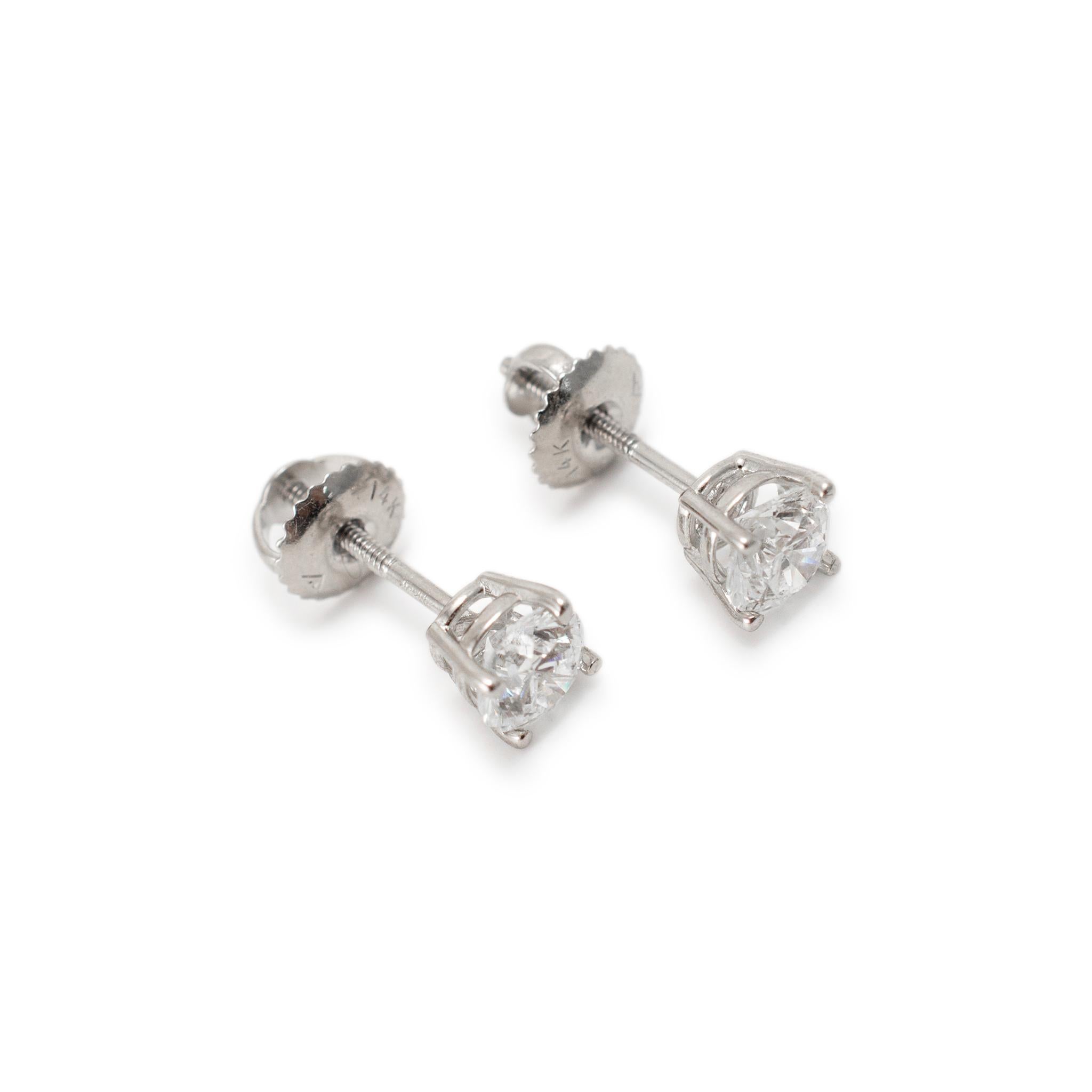 Round Cut 14K White Gold 4-Prong Screw Back 1.00ct Diamond Stud Earrings For Sale