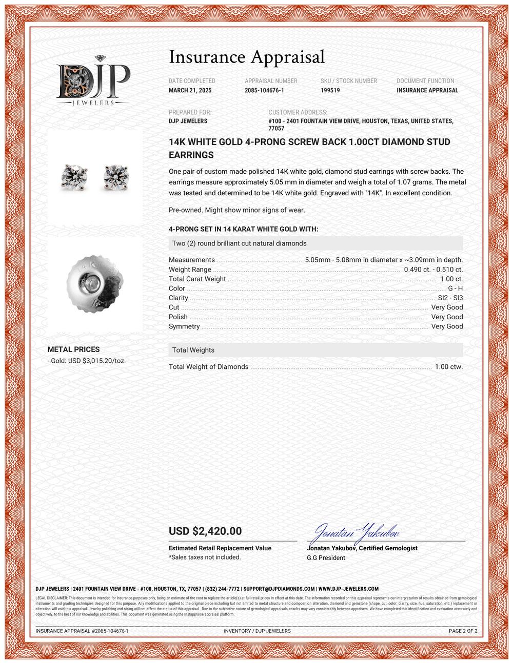 14K White Gold 4-Prong Screw Back 1.00ct Diamond Stud Earrings For Sale 2