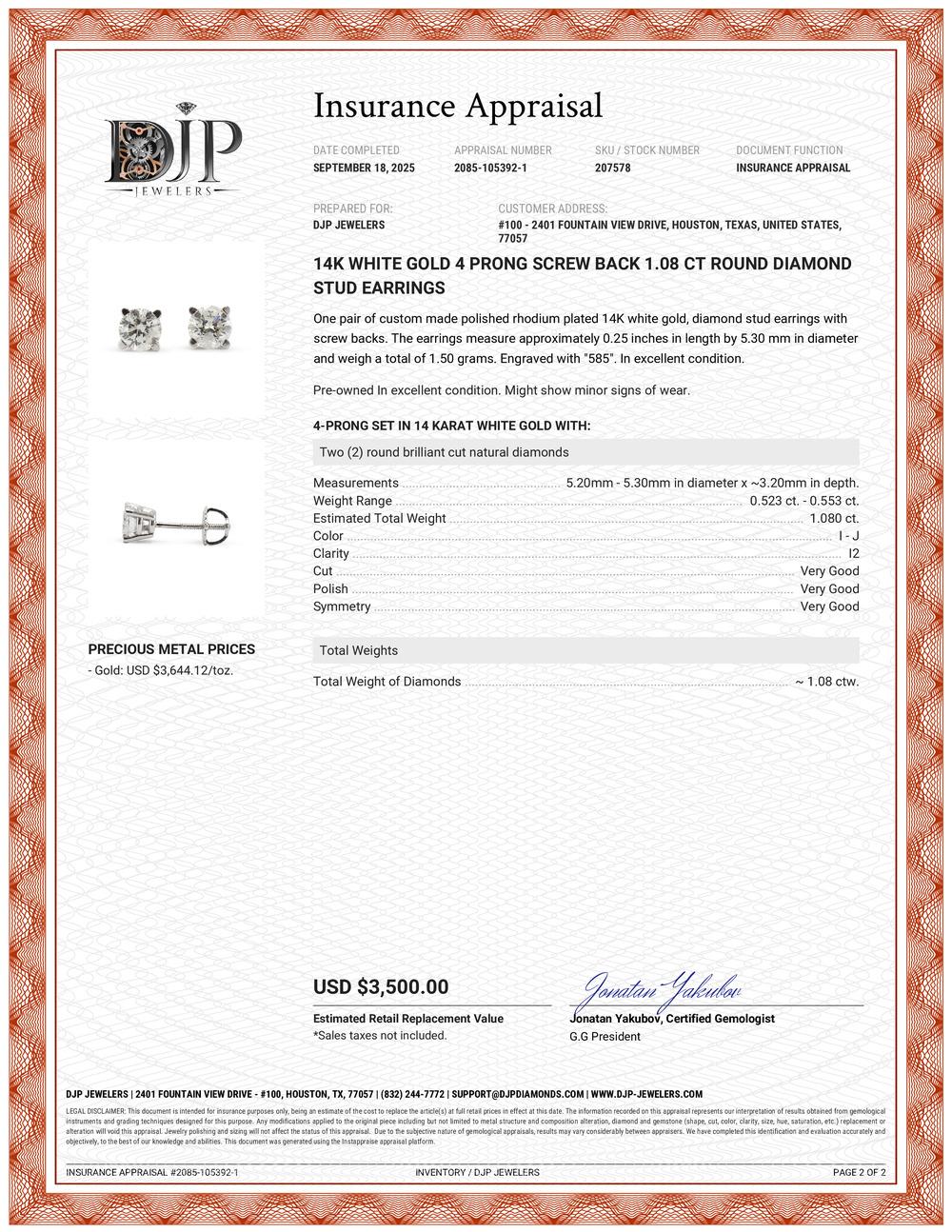 Boucles d'oreilles en or blanc 14K à 4 griffes vissées 1.08 CT diamant rond en vente 5