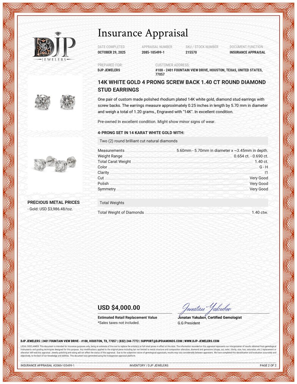 Orecchini con diamanti rotondi da 1,40 carati in oro bianco 14K a 4 punte con chiusura a vite in vendita 4