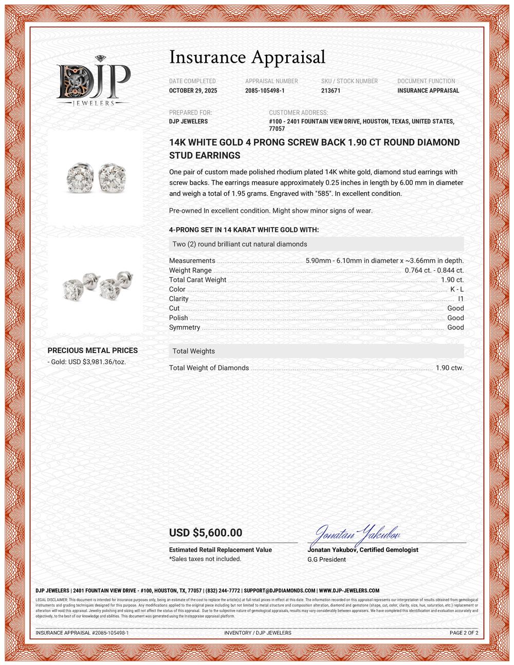 Orecchini con diamanti rotondi da 1,90 carati in oro bianco 14K con 4 punte a vite in vendita 4