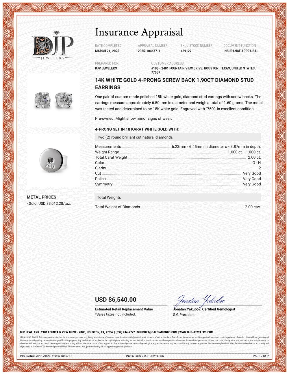 14K White Gold 4-Prong Screw Back 1.90ct Diamond Stud Earrings For Sale 1