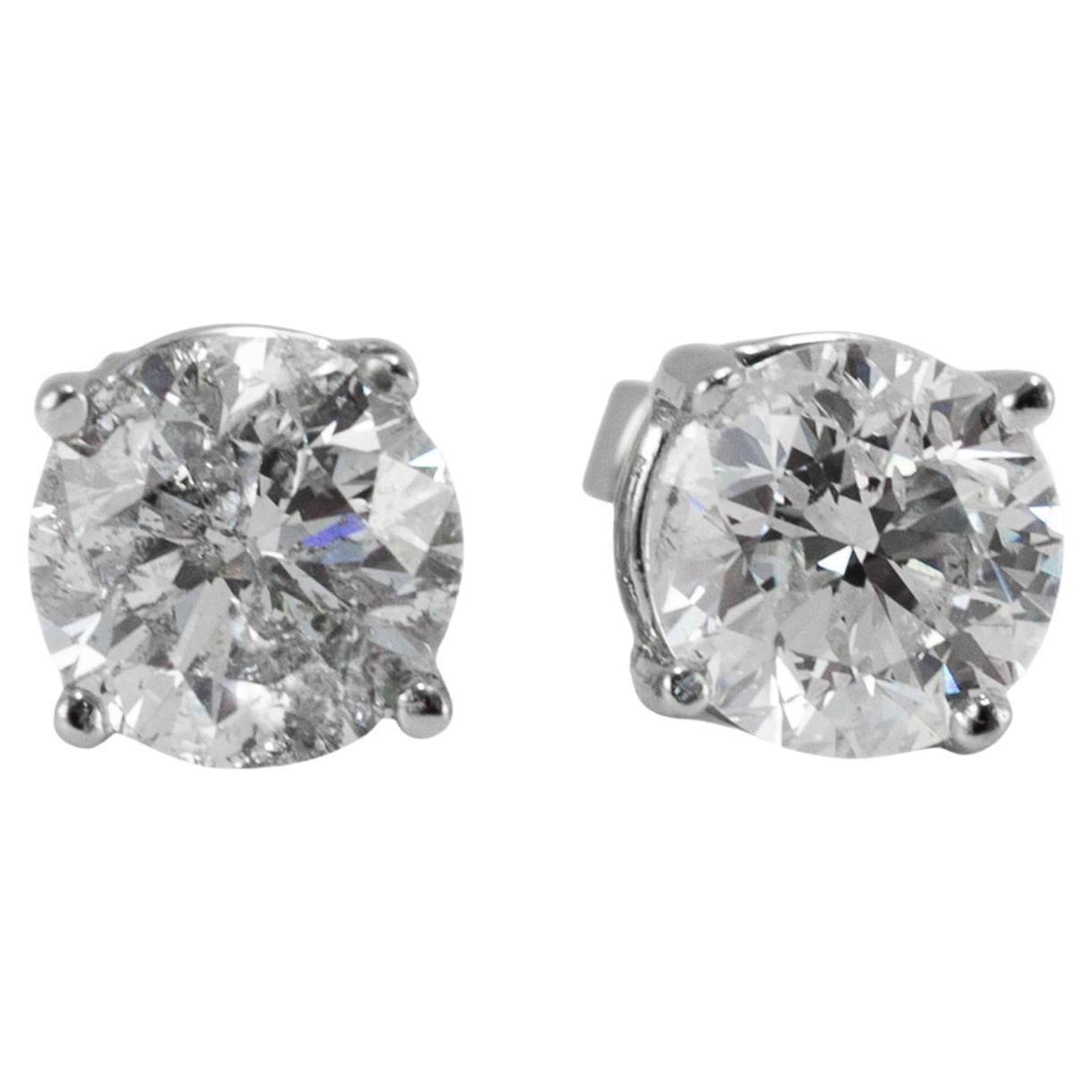 14K White Gold 4-Prong Screw Back 1.90ct Diamond Stud Earrings For Sale
