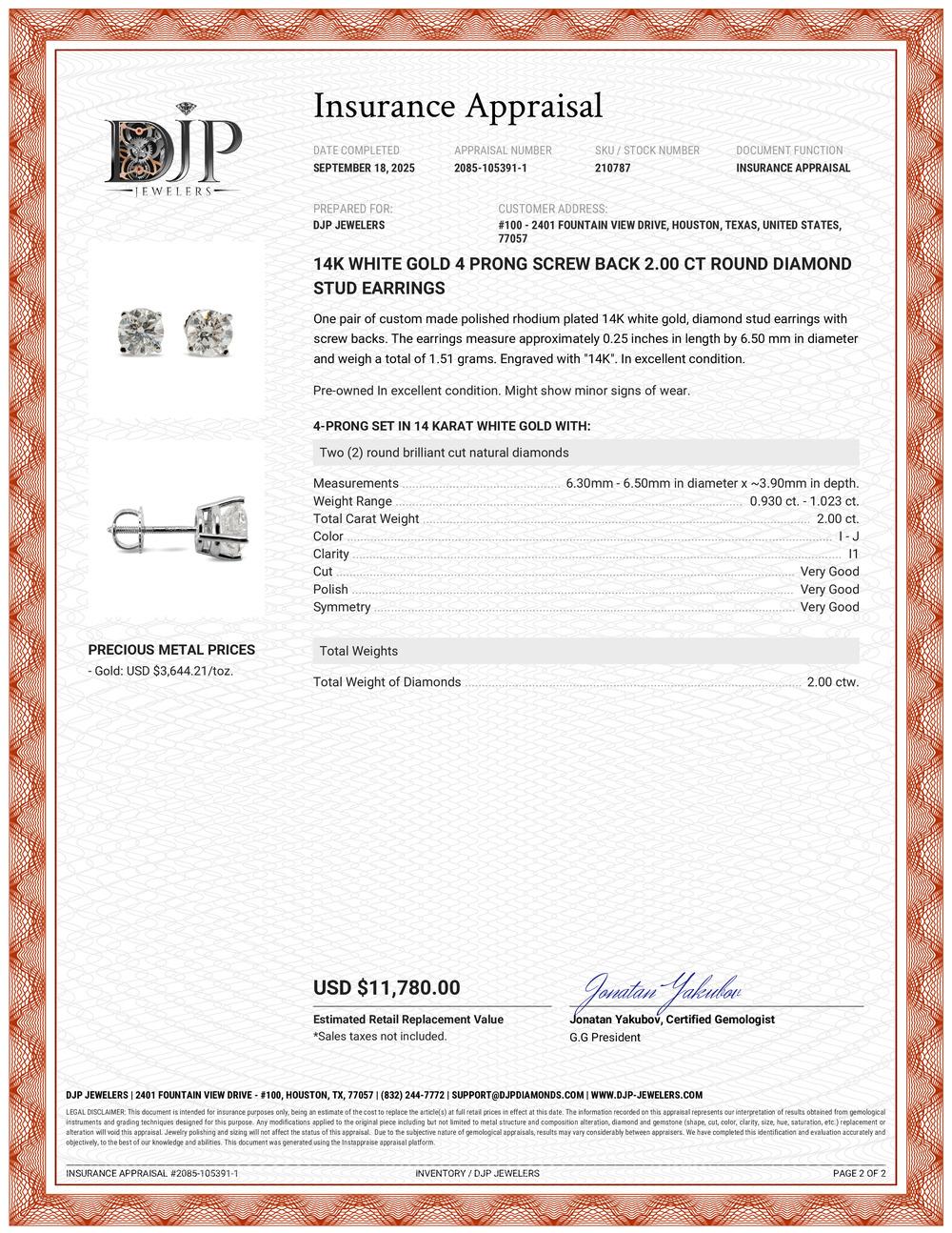 Boucles d'oreilles en or blanc 14K avec 4 griffes vissées et 2.00 CT de diamant rond en vente 2