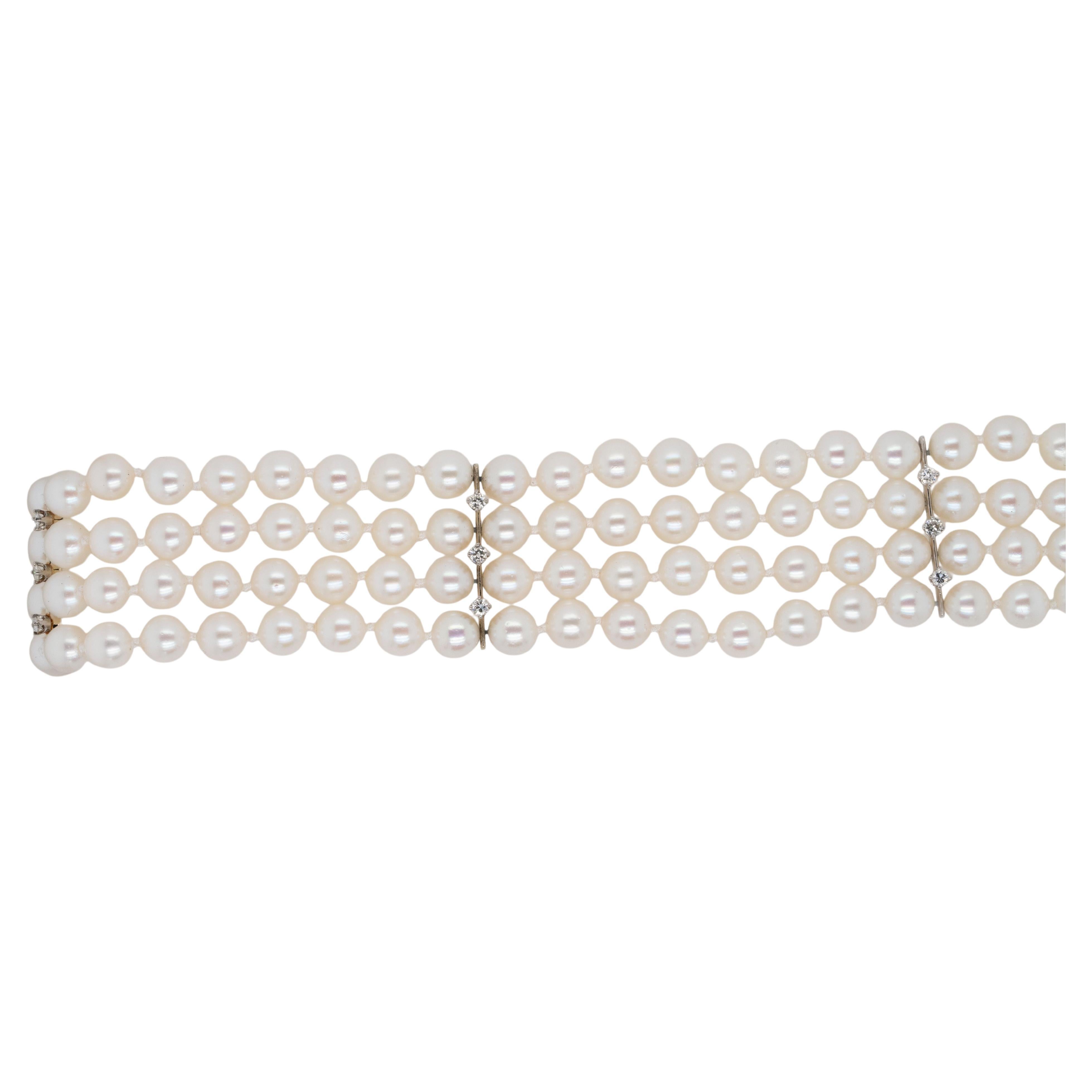 14k White Gold 4 Strand Pearl and Natural Diamond Bracelet
