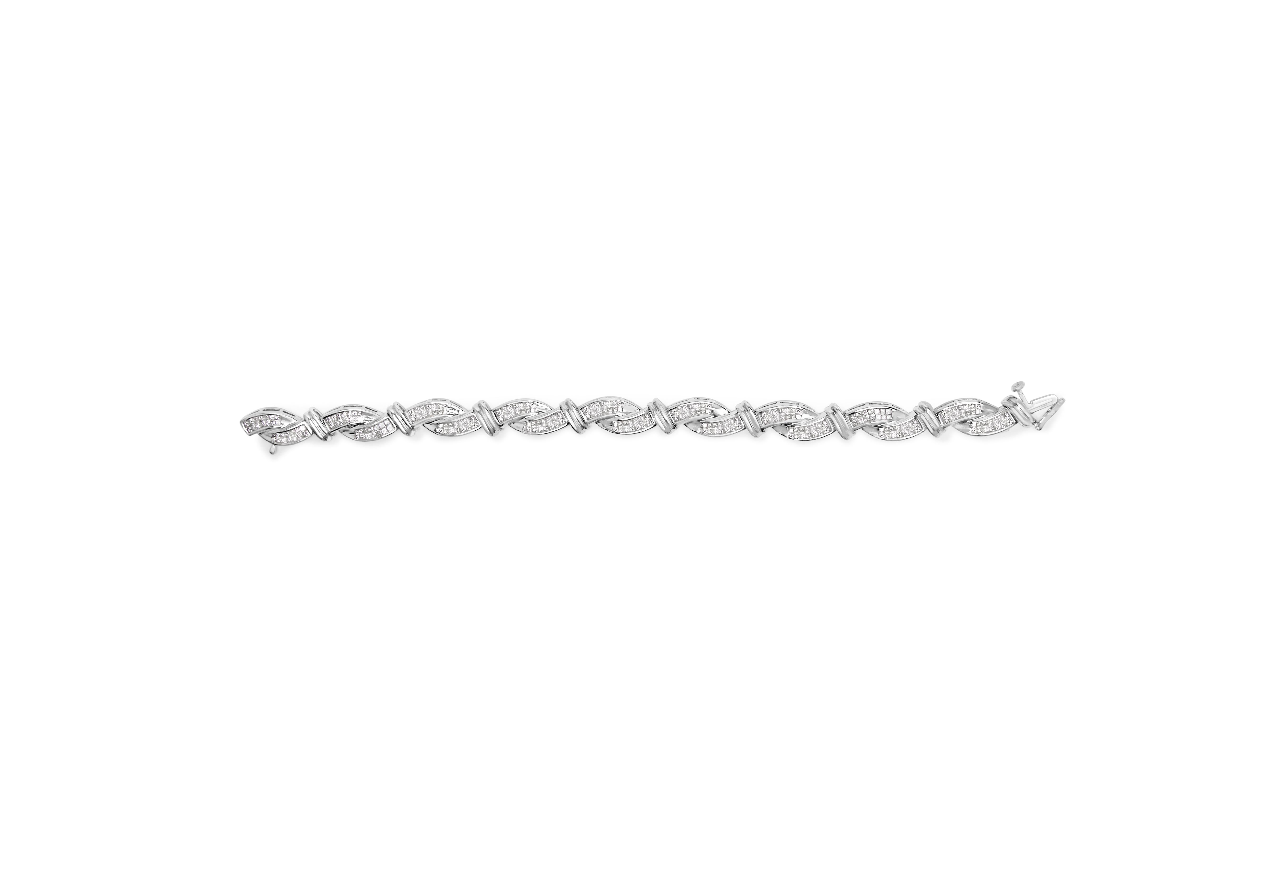 Princess Cut 14K White Gold 4.0 Carat Princess-Cut Diamond Wave Style Link Bracelet For Sale