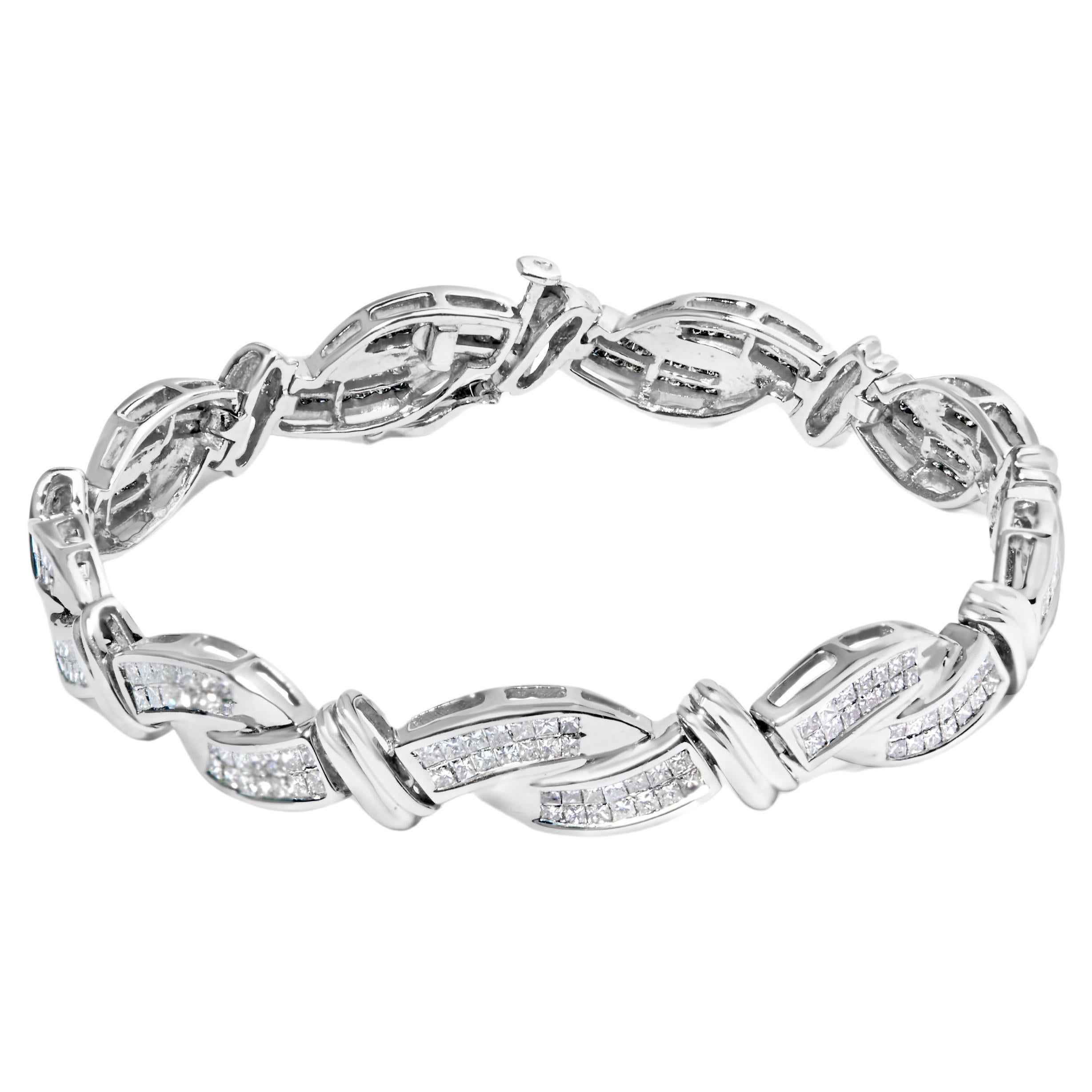 14K White Gold 4.0 Carat Princess-Cut Diamond Wave Style Link Bracelet For Sale