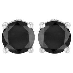 14K White Gold 4.0 Carat Screw-Back 4-Prong Classic Black Diamond Stud Earrings
