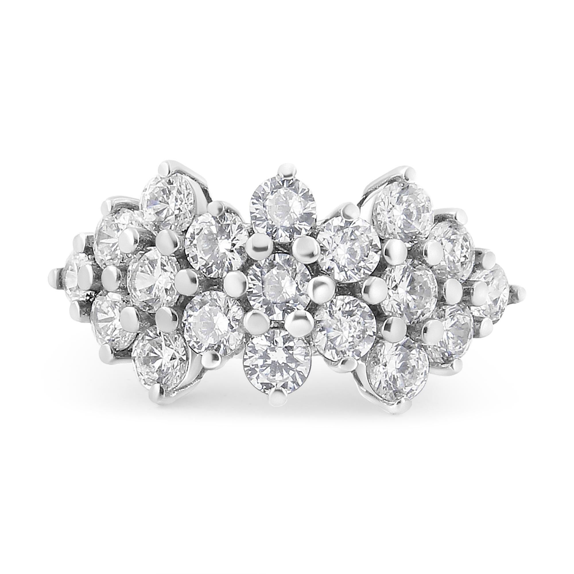 Elevate your style with the captivating allure of this stunning ring, expertly fashioned in 14K white gold. The centerpiece of this exquisite piece is a triple-row scatter of 19 stunning round brilliant cut diamonds, each stone weighing