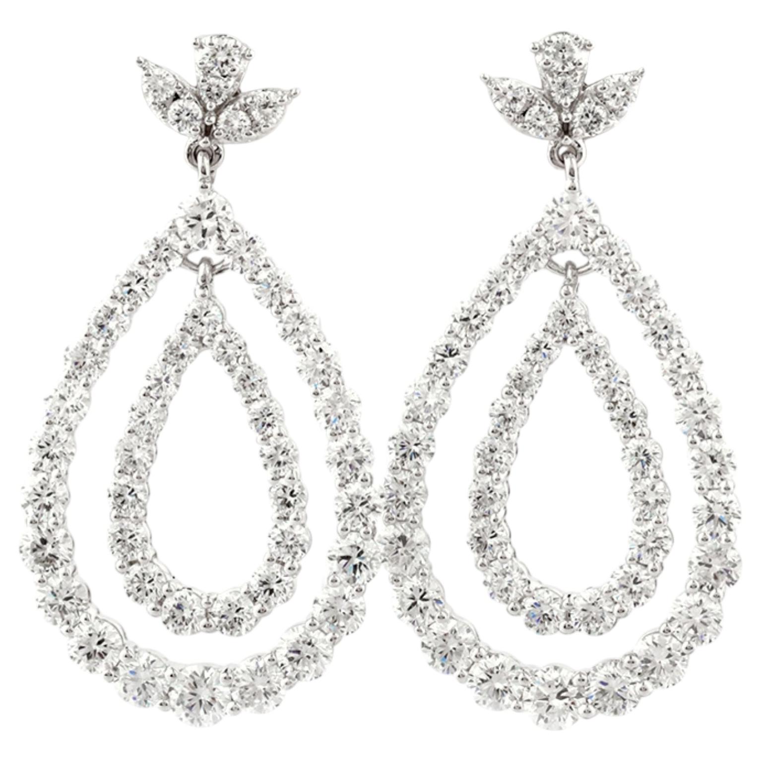 14K White Gold 4.06Cts Round Natural Diamond Open Teardrop Earrings