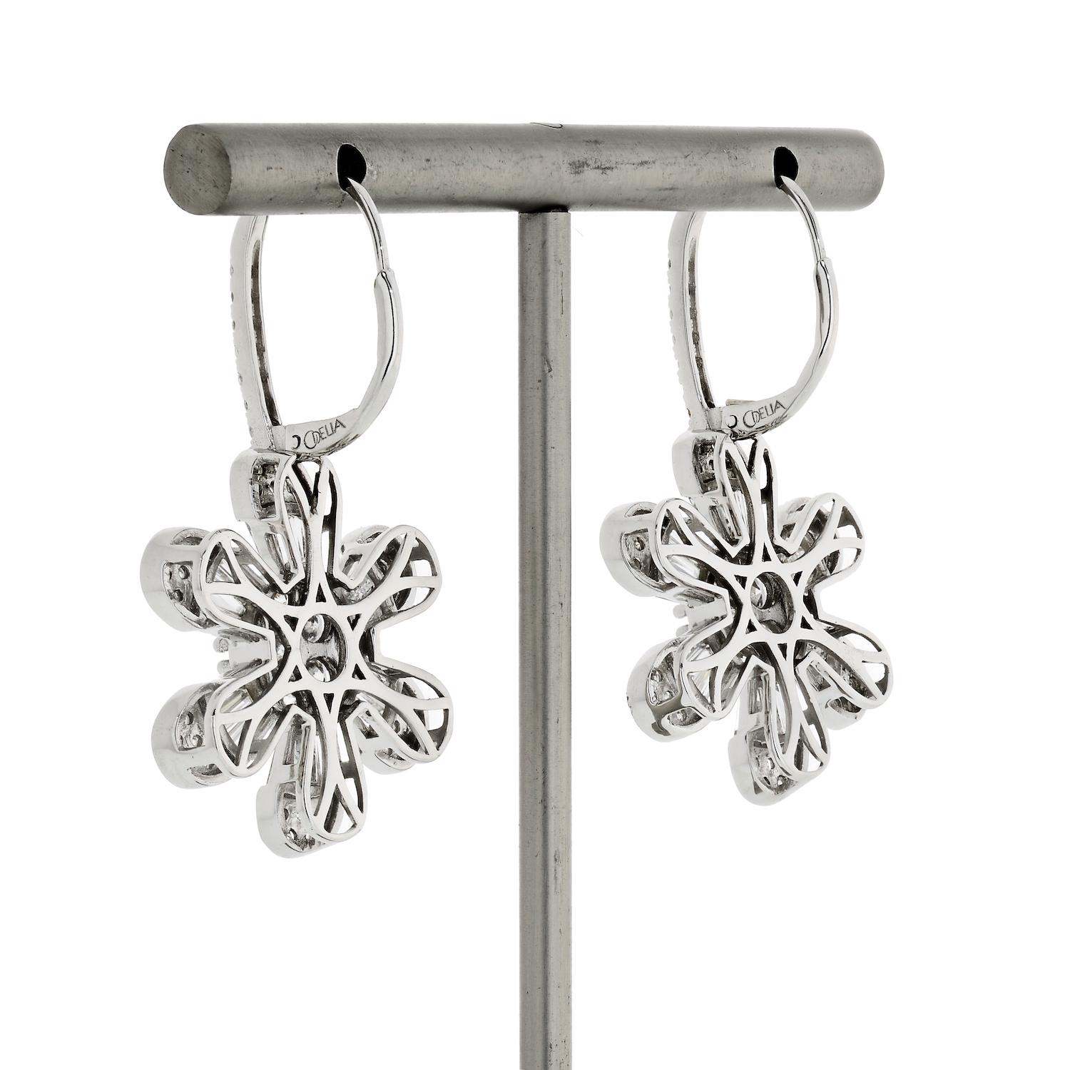 Modern 14 Karat White Gold 4.08 Carat Diamond Drop Dangle Flower Earrings For Sale