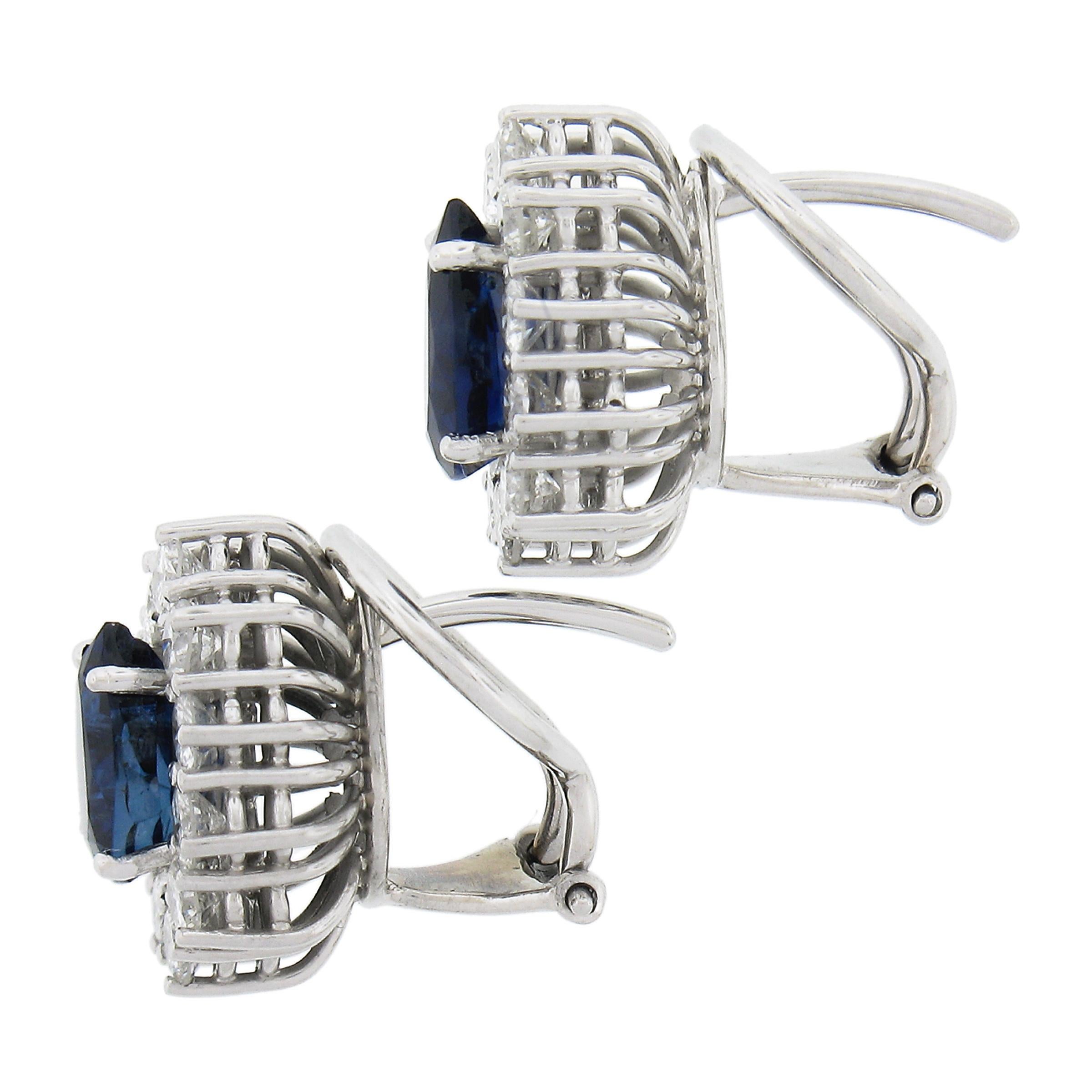 14K White Gold 4.11ctw Pear Sapphire & Round Diamond Halo Stud Omega Earrings In Excellent Condition In Montclair, NJ