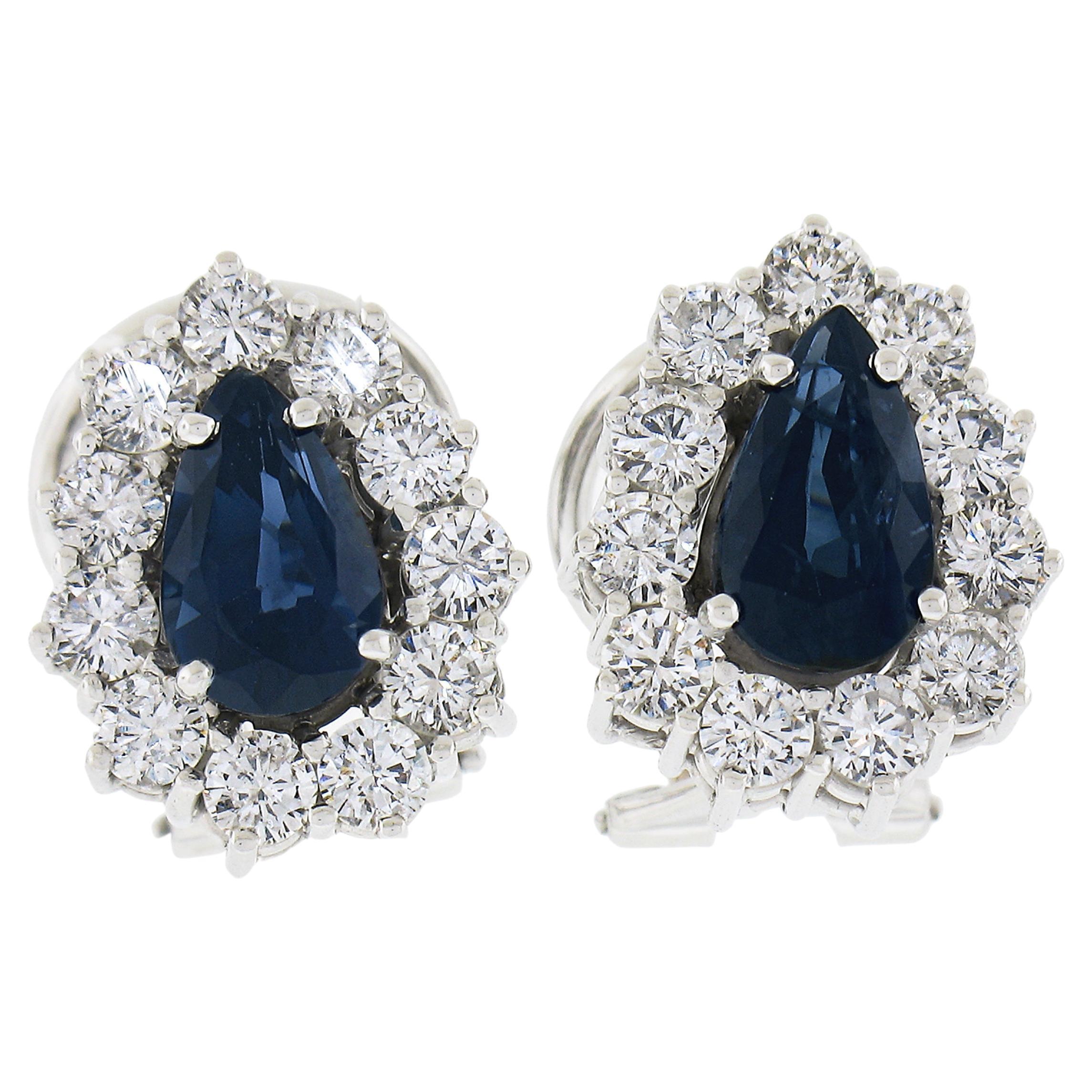 14K White Gold 4.11ctw Pear Sapphire & Round Diamond Halo Stud Omega Earrings