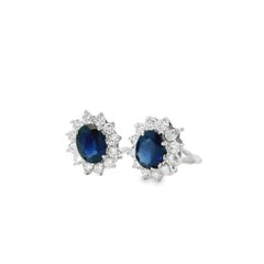 14k White Gold 4.15ctw Oval Cut Sapphire and Round Diamond Earrings