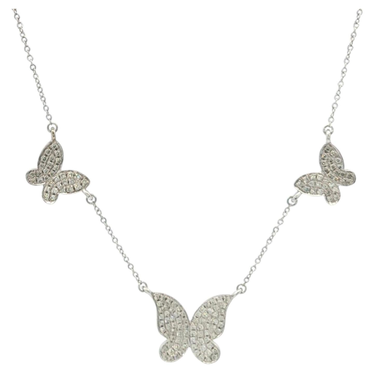 Collana regolabile con ciondolo a 3 farfalle in oro bianco 14k con diamante Pave da 41 ct.