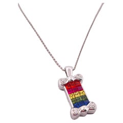 14K White Gold Rainbow Sapphire & Diamond Pendant Necklace, 1990s