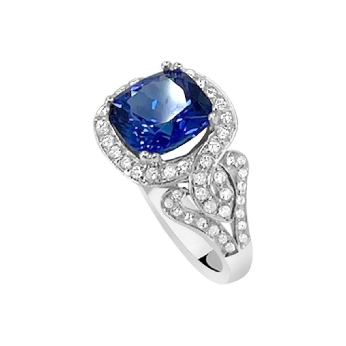 Elegant 9.5mm square cushion tanzanite ring. Beautiful cut and color. Surrounded by white diamonds this ring will embrace any finger.

Style# REN22639
Tanzanite: Square cush 4.33cts
Diamond: 60pcs 0.77cts