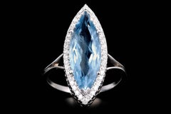 14K White Gold 4.47 Carat Marquise Cut Aquamarine & Diamond Halo Ring
