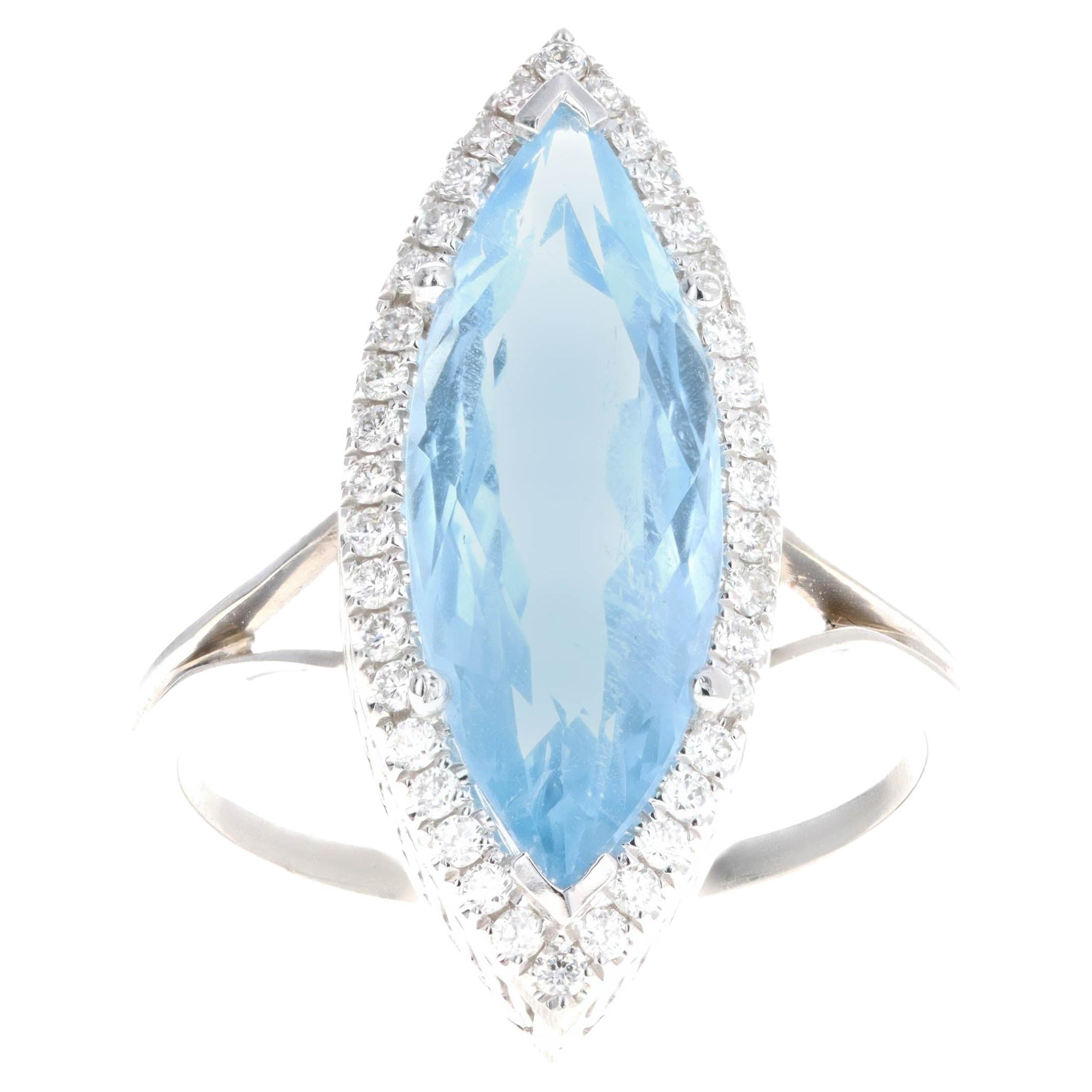 14K White Gold 4.47 Carat Marquise Cut Aquamarine & Diamond Halo Ring