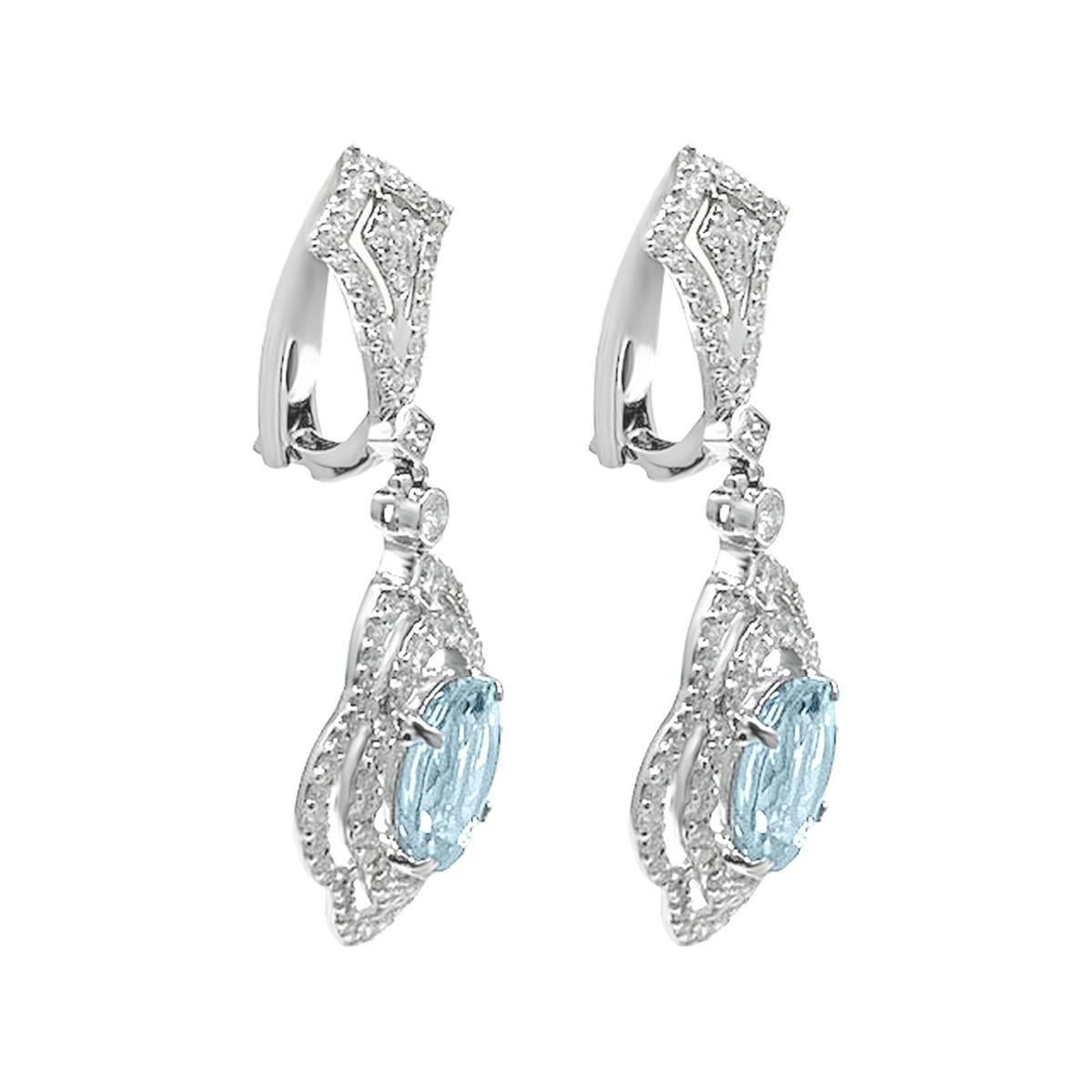 These Earring Have Stunning Dangling 4.57Cts Aquamarine In 10x8mm Oval Cut With Diamonds Around The Gemstone Captivates With It's Sea Blue Allure Crafted in 14K White Gold Adding A Touch Of Elegance To These Dangling Aquamarine Earring.

Style#