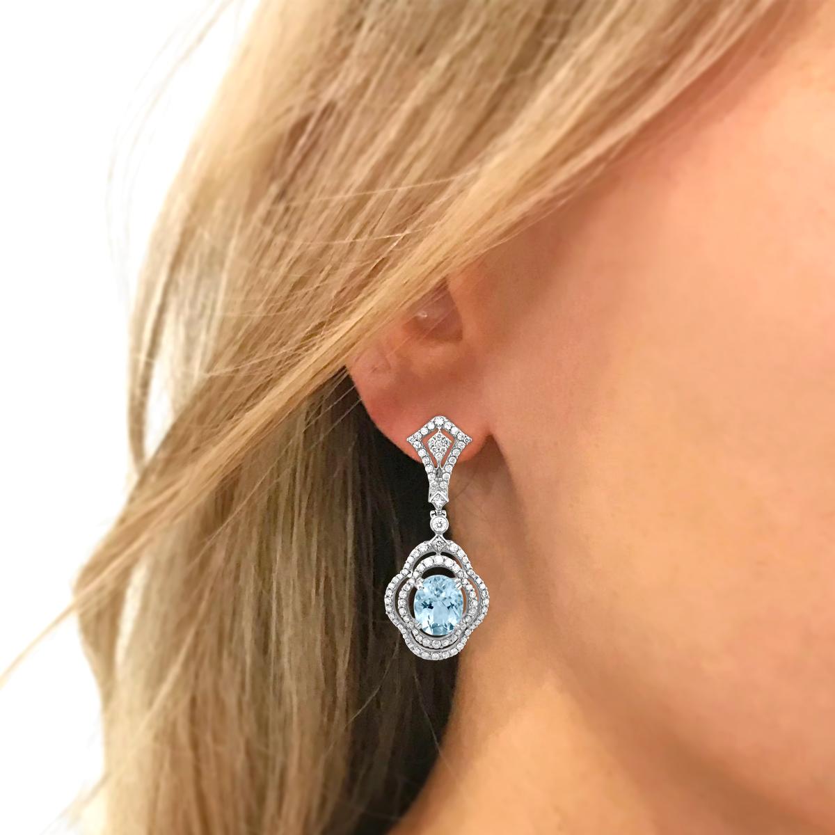 Modern 14K White Gold 4.57cts Aquamarine and Diamond Earring, Style# TS1249E