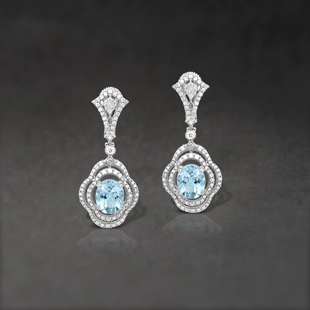 Oval Cut 14K White Gold 4.57cts Aquamarine and Diamond Earring, Style# TS1249E