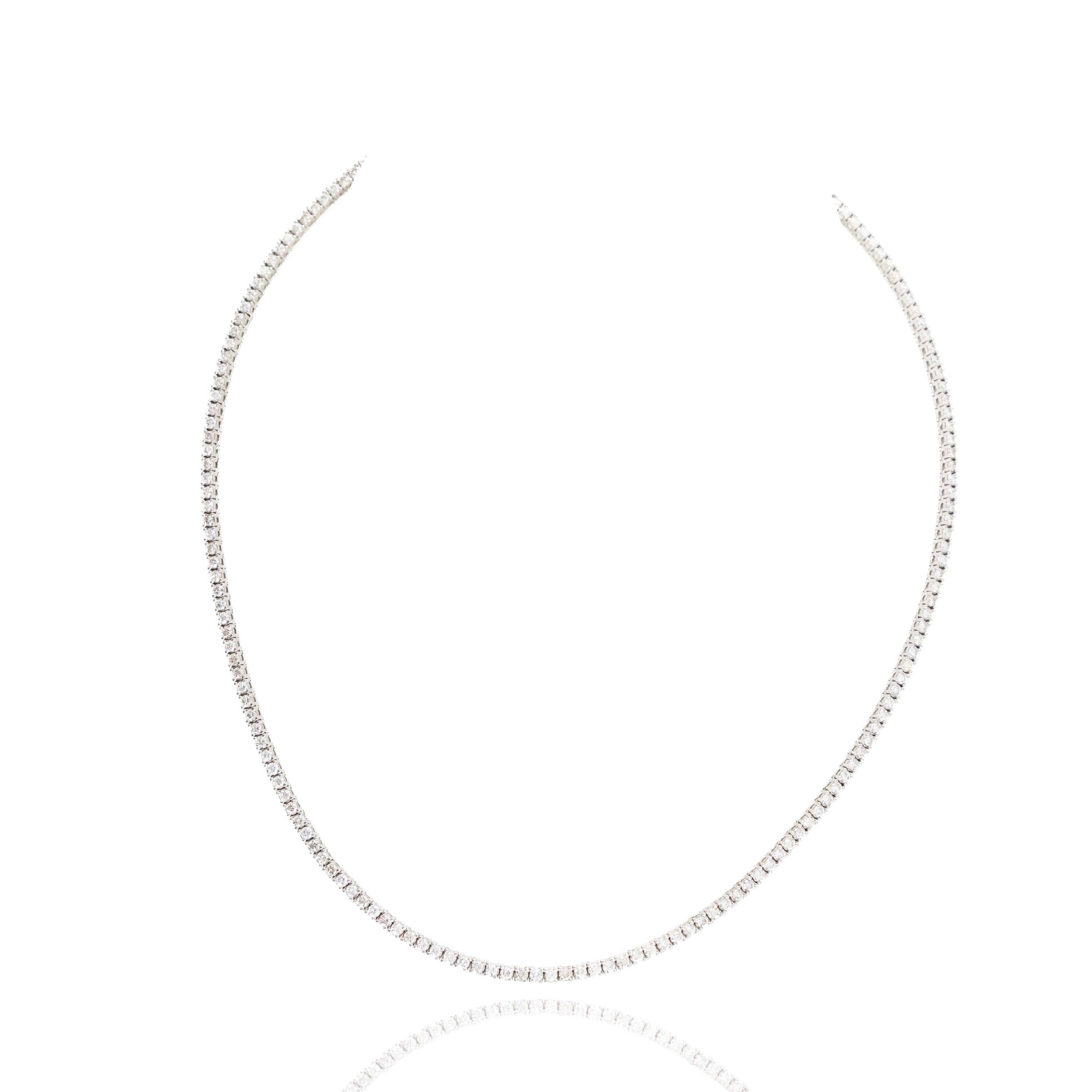 Era: New

Composition: 14K White Gold

Primary Stone: Round Brilliant Diamonds

Carat Weight: 4.62 Carats In Total

Color/Clarity: I-K / VS2-SI1

Necklace Length: 16 Inches

Necklace Weight: 12.3 Grams

Item Barcode: 041839