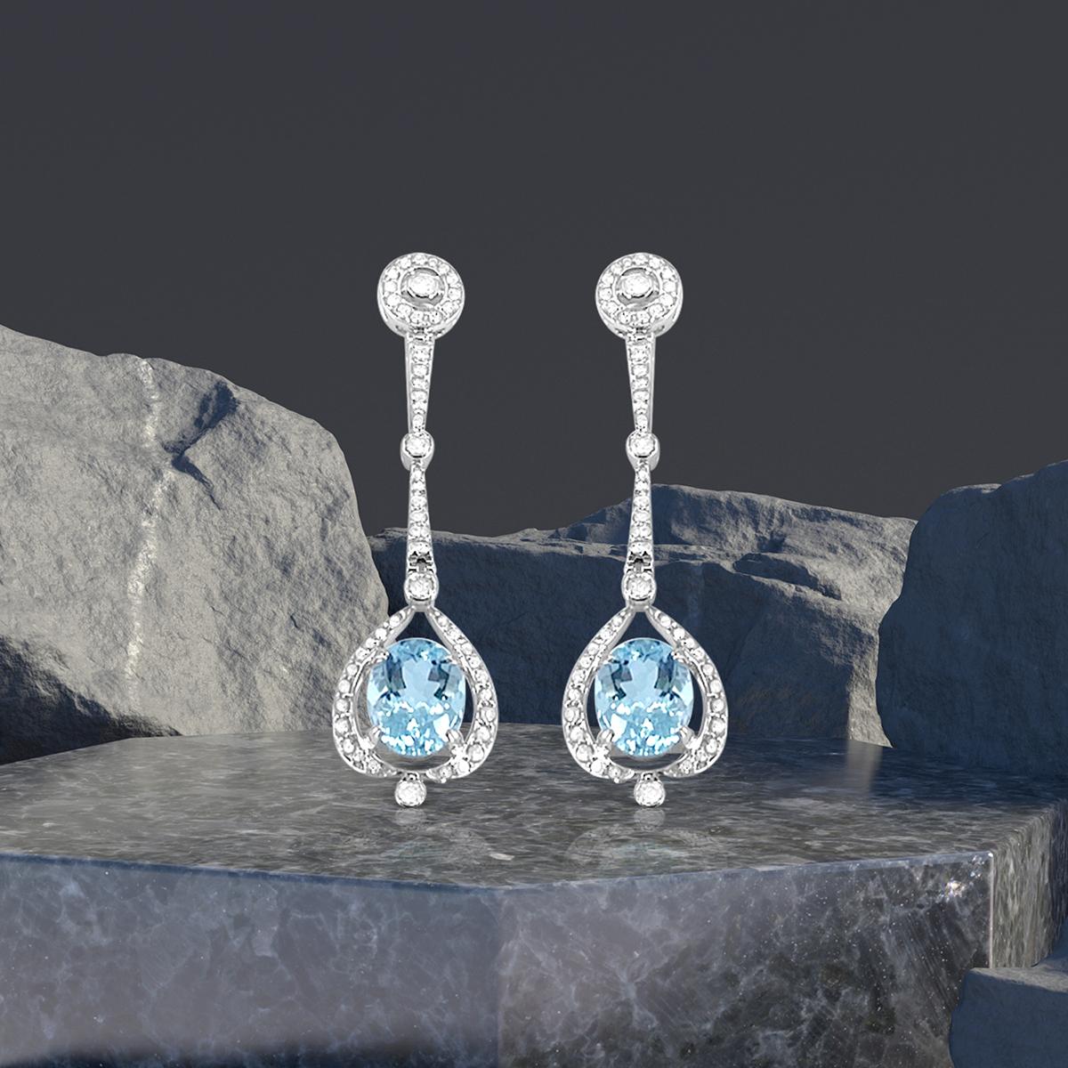 Oval Cut 14K White Gold 4.63cts Aquamarine and Diamond Earring, Style# E5199AQ For Sale