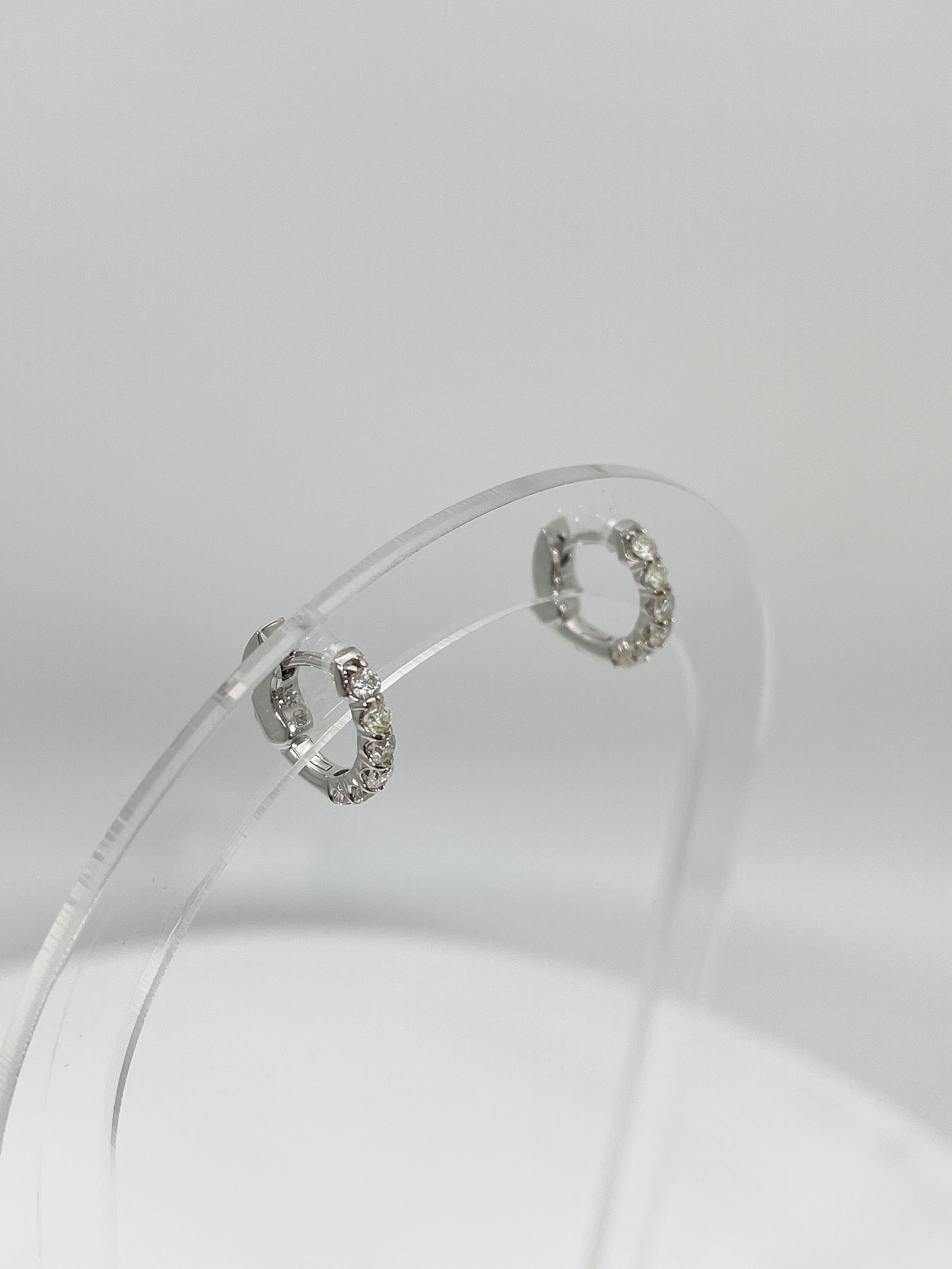 Round Cut 14K White Gold .47 CTW Diamond Huggie Hoop Earrings For Sale