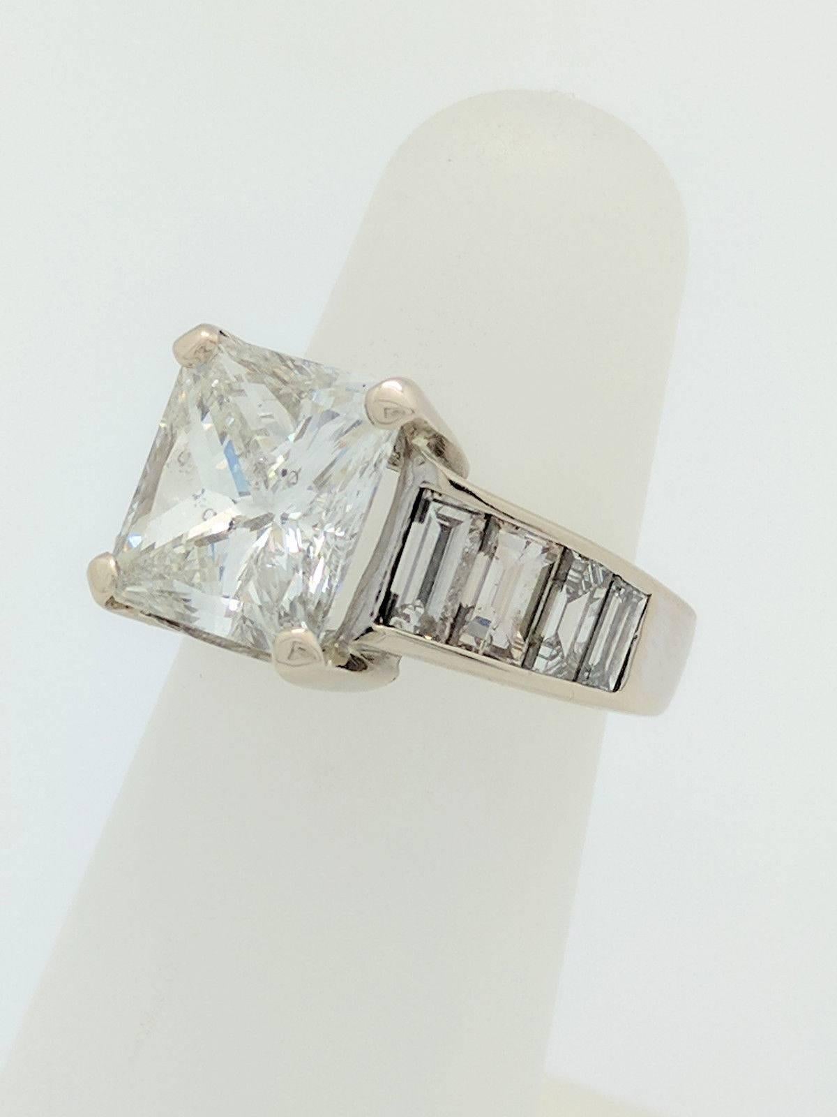 14 Karat White Gold 4.80 Carat Princess Cut Diamond Engagement Ring I1/G In Excellent Condition In Gainesville, FL