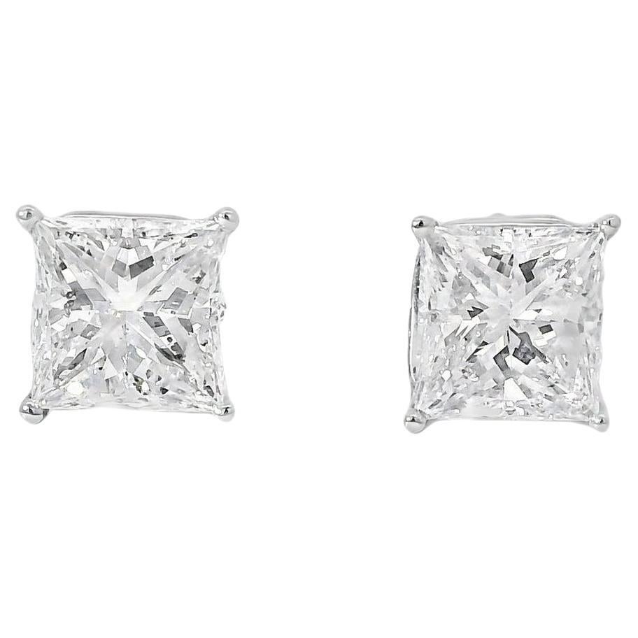 14k White Gold 4.88ctw GIA Certified Natural Princess Cut Diamond Earring Studs