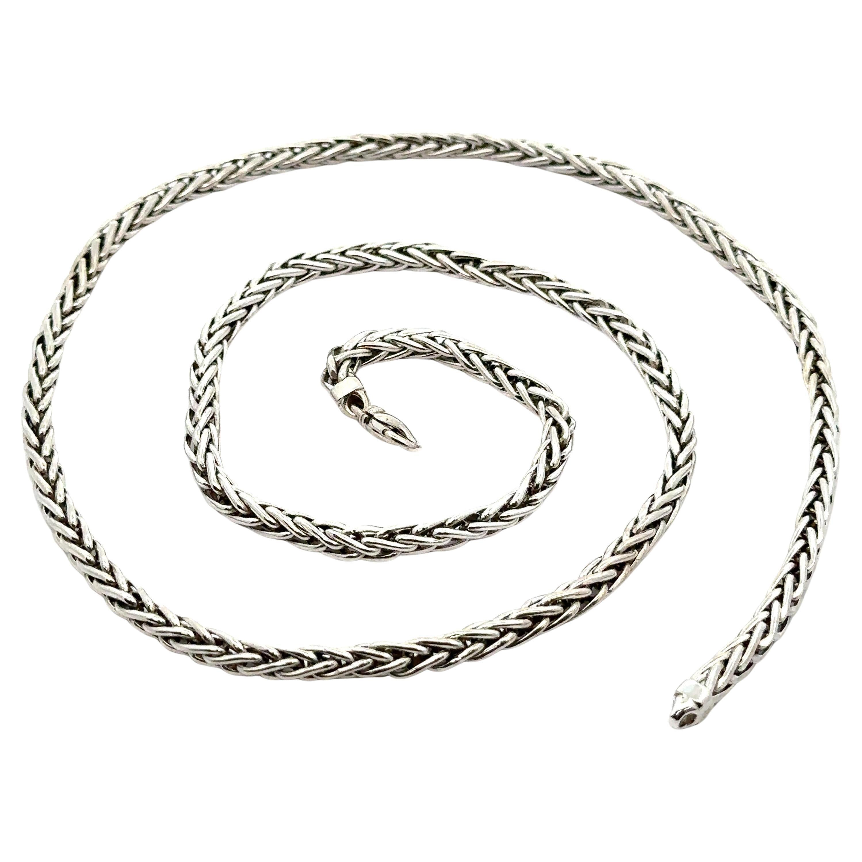 14k White Gold 4mm Thick Wheat Link 24" Chain Necklace Lobster Clasp 48.76g For Sale