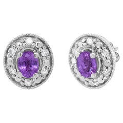 14K White Gold Pink Sapphire & 1/10 Cttw Round Diamond Halo Stud Earrings