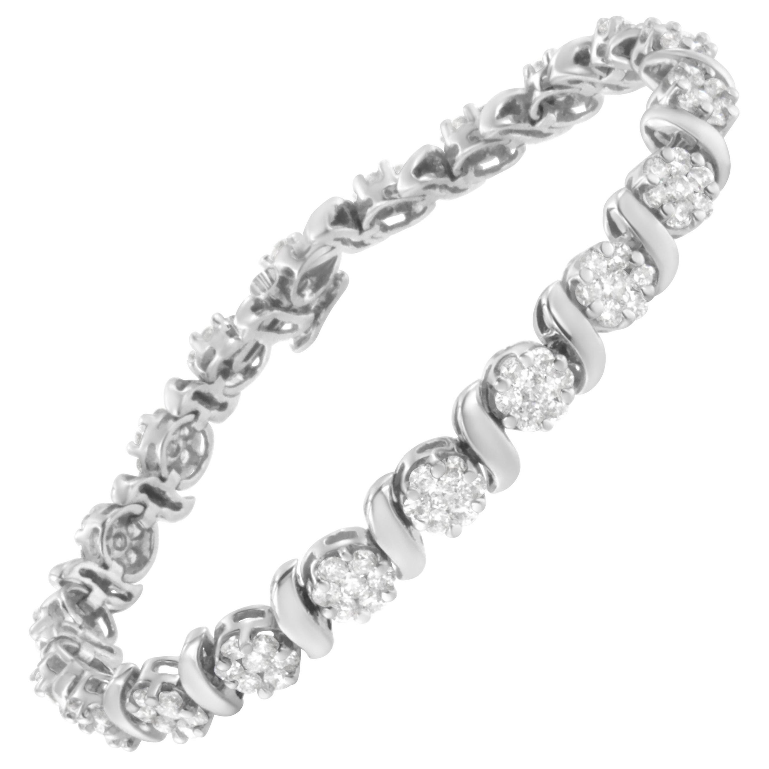 14K White Gold 5 1/4 Carat Diamond S-Link Floral Cluster Tennis Bracelet