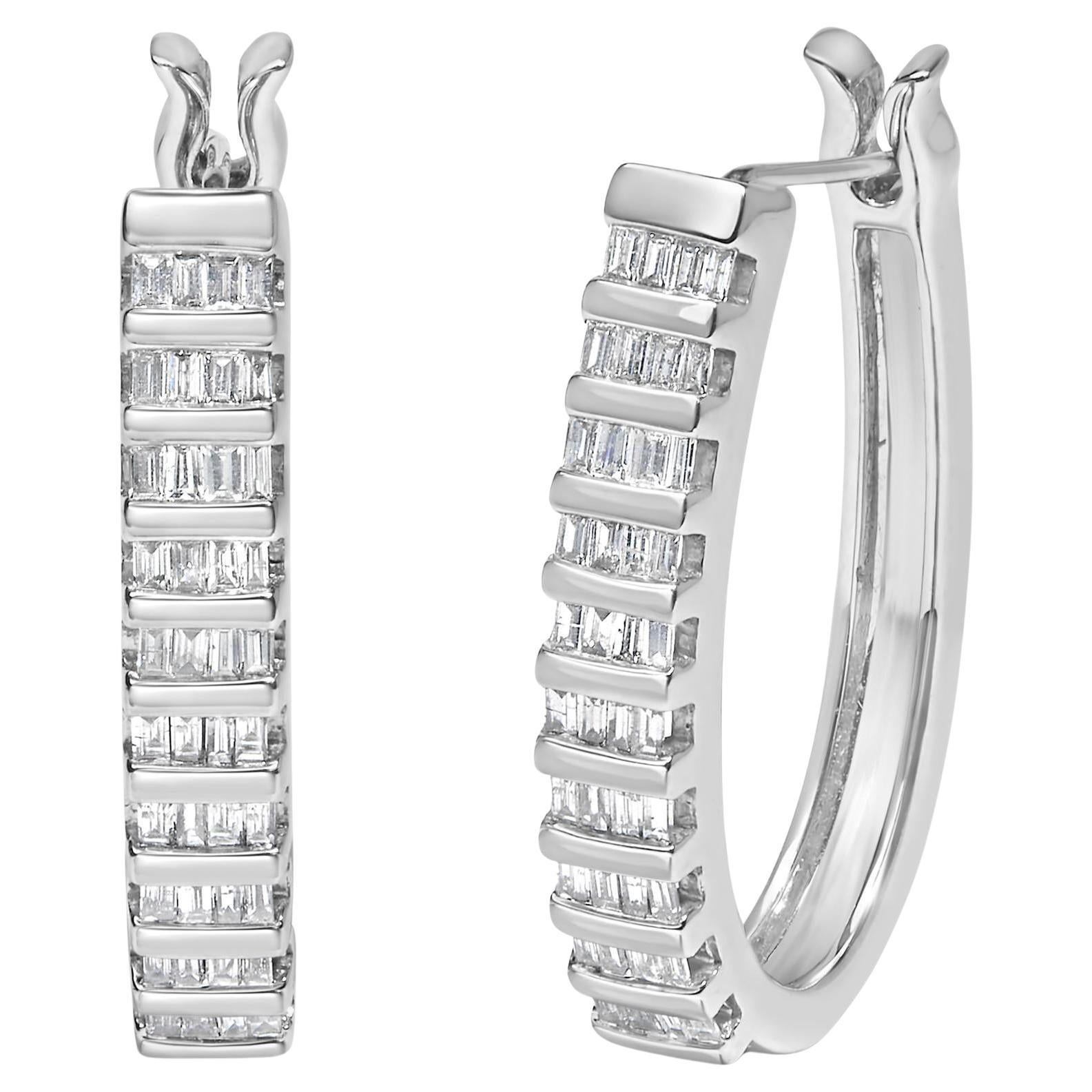 14K White Gold 5/8 Cttw Channel Set Baguette Diamond Row Hoop Earrings im Angebot