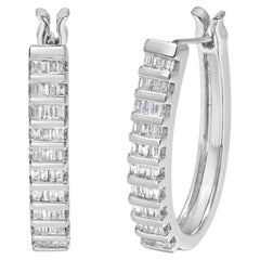 14K White Gold 5/8 Cttw Channel Set Baguette Diamond Row Hoop Earrings