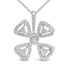 14K White Gold 5/8 Cttw Diamond 4 Leaf Floral Pendant Necklace