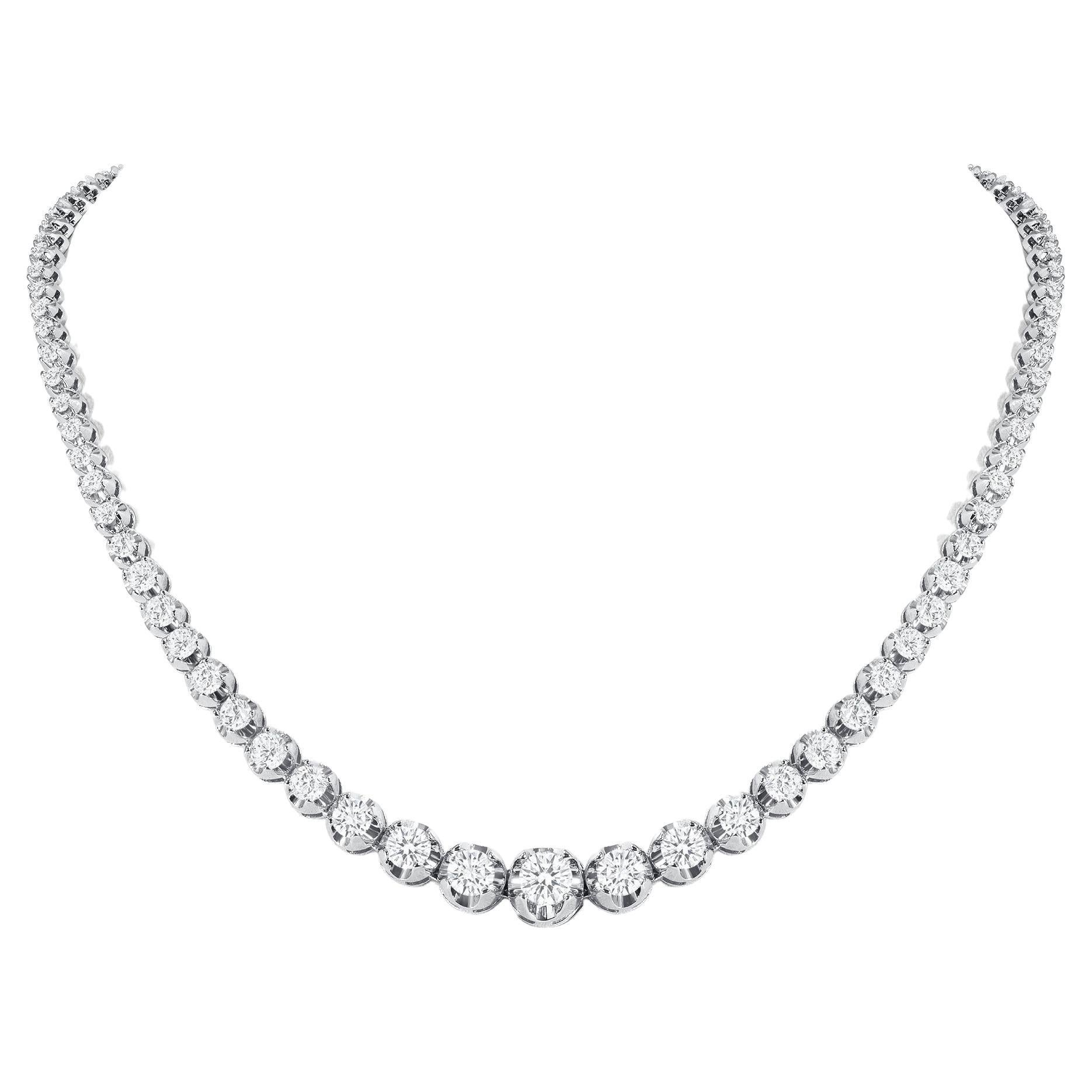 14k White Gold 5 Carat Graduated Diamond Tennis Necklace Illusion Setting For Sale