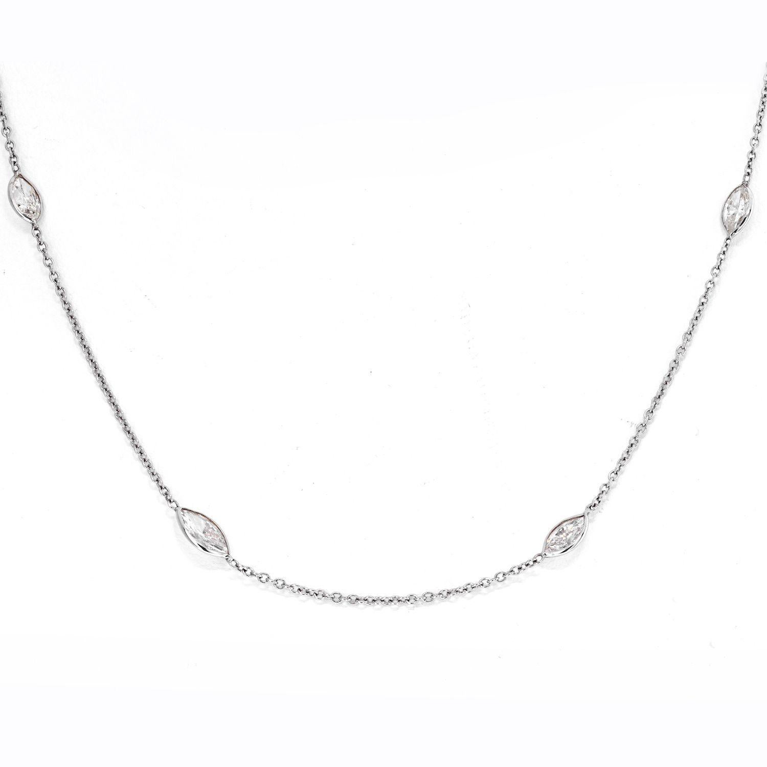 14K White Gold 5 Carat Marquise Diamond By The Yard Necklace.
9 Marquise Cuts: Total 5 Carats.
Length: 16 inches. 