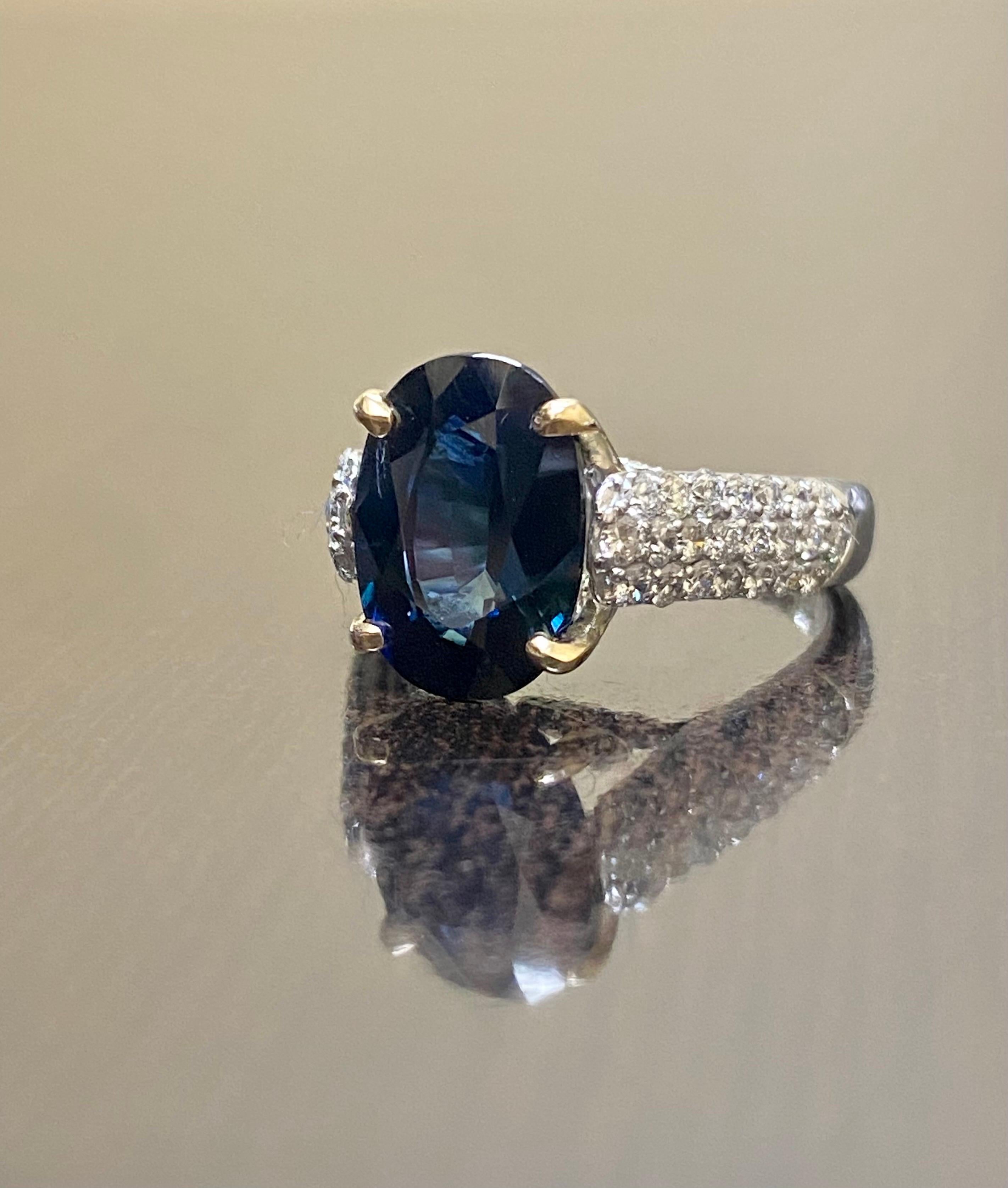 14K White Gold 5 Carat Oval Midnight Blue Sapphire Diamond Engagement Ring 3