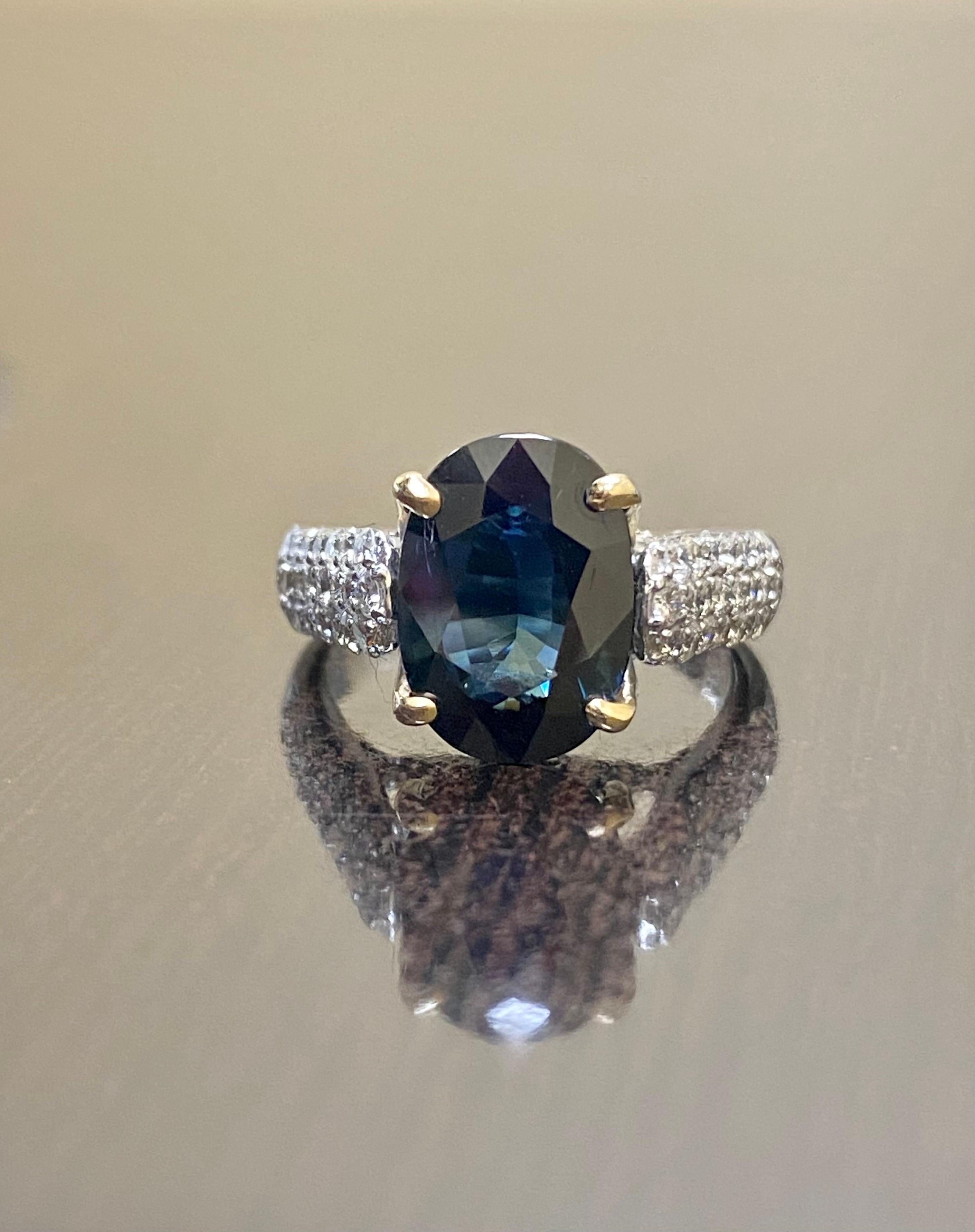 14K White Gold 5 Carat Oval Midnight Blue Sapphire Diamond Engagement Ring 4