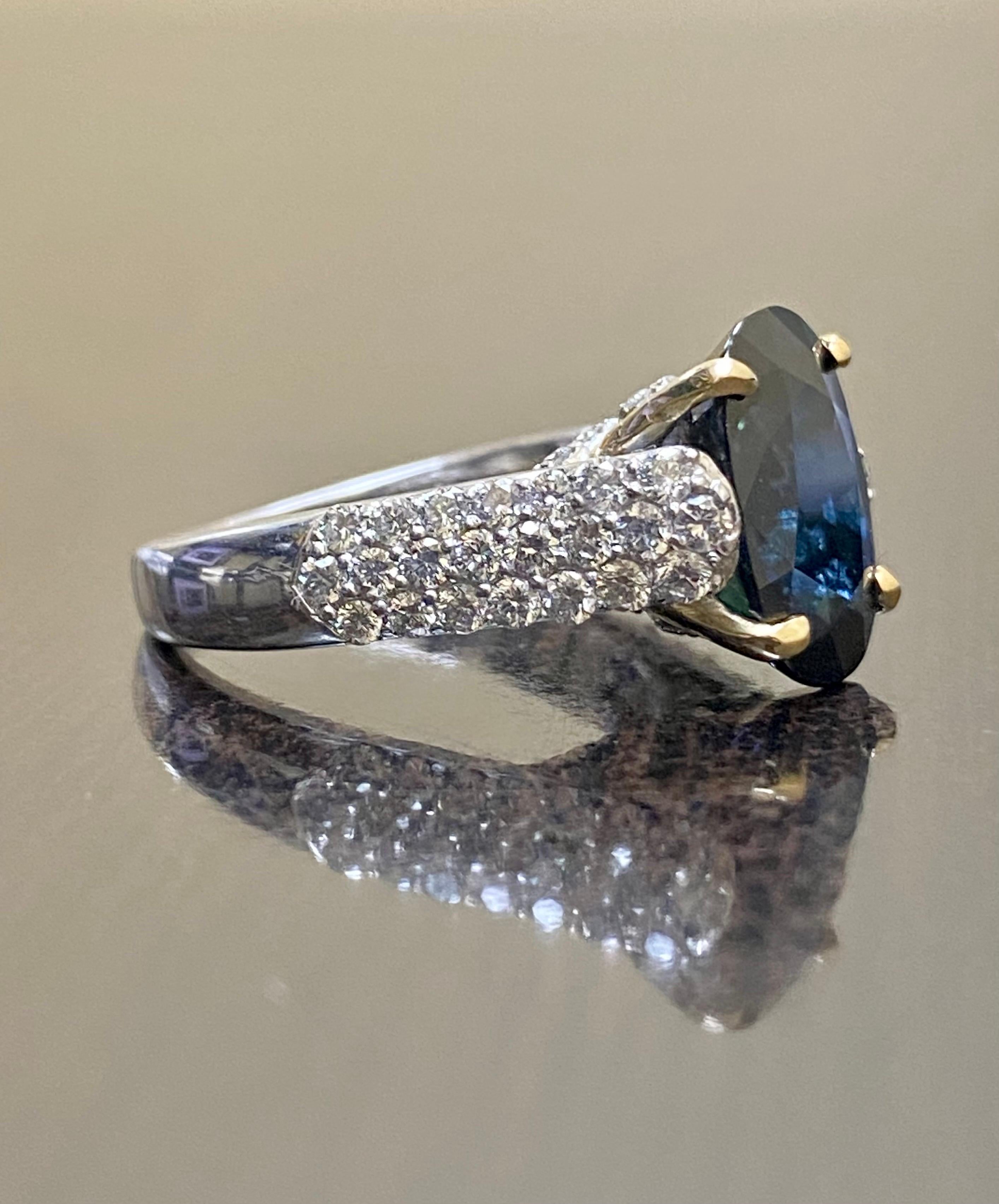 Modern 14K White Gold 5 Carat Oval Midnight Blue Sapphire Diamond Engagement Ring