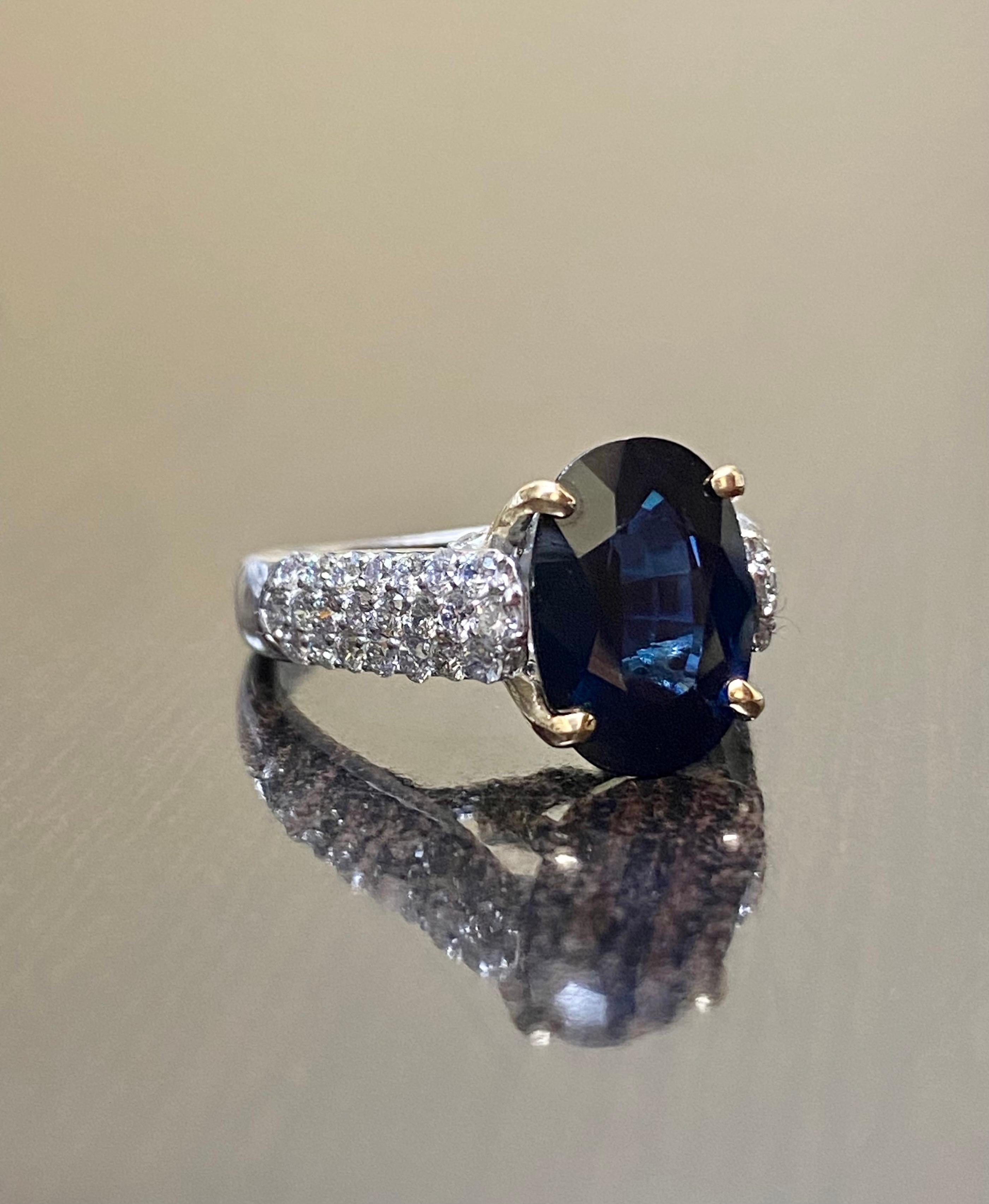 Oval Cut 14K White Gold 5 Carat Oval Midnight Blue Sapphire Diamond Engagement Ring