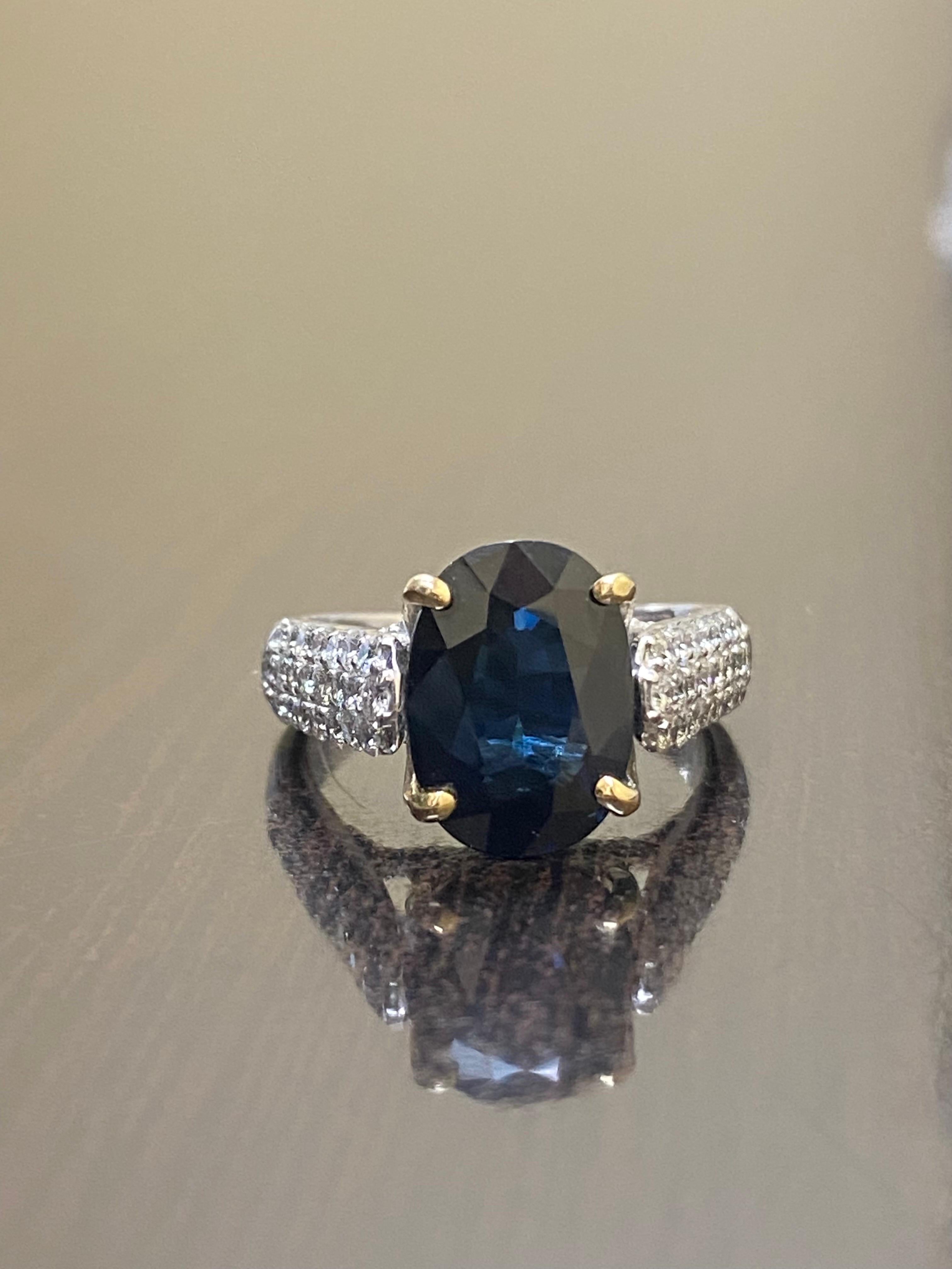 14K White Gold 5 Carat Oval Midnight Blue Sapphire Diamond Engagement Ring In New Condition In Los Angeles, CA