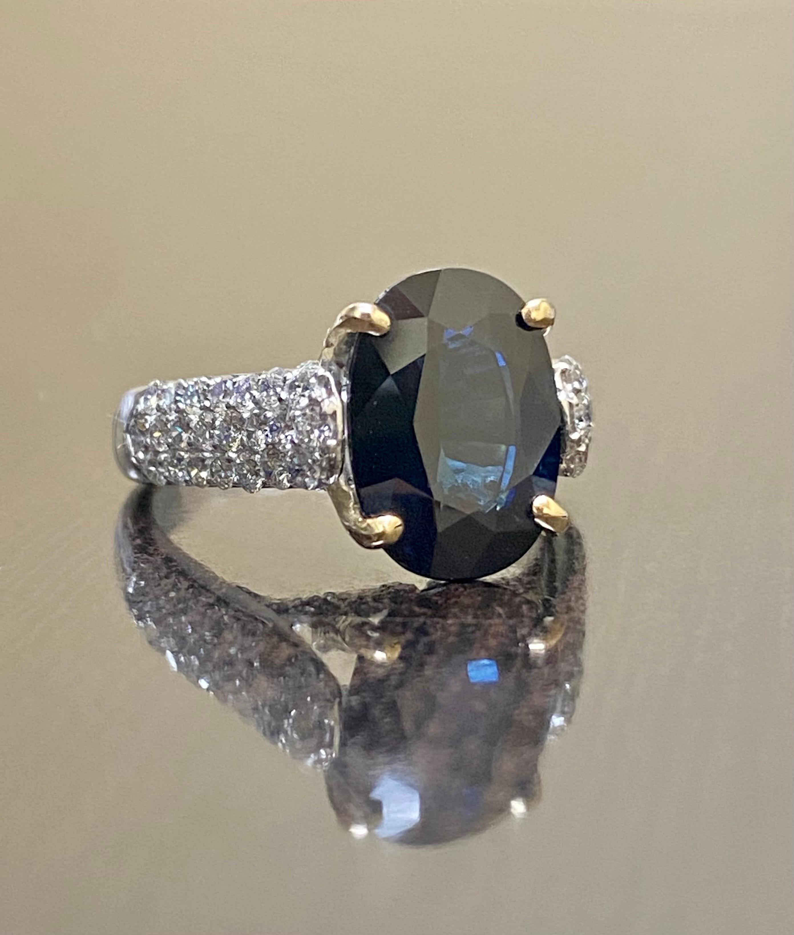 Women's 14K White Gold 5 Carat Oval Midnight Blue Sapphire Diamond Engagement Ring